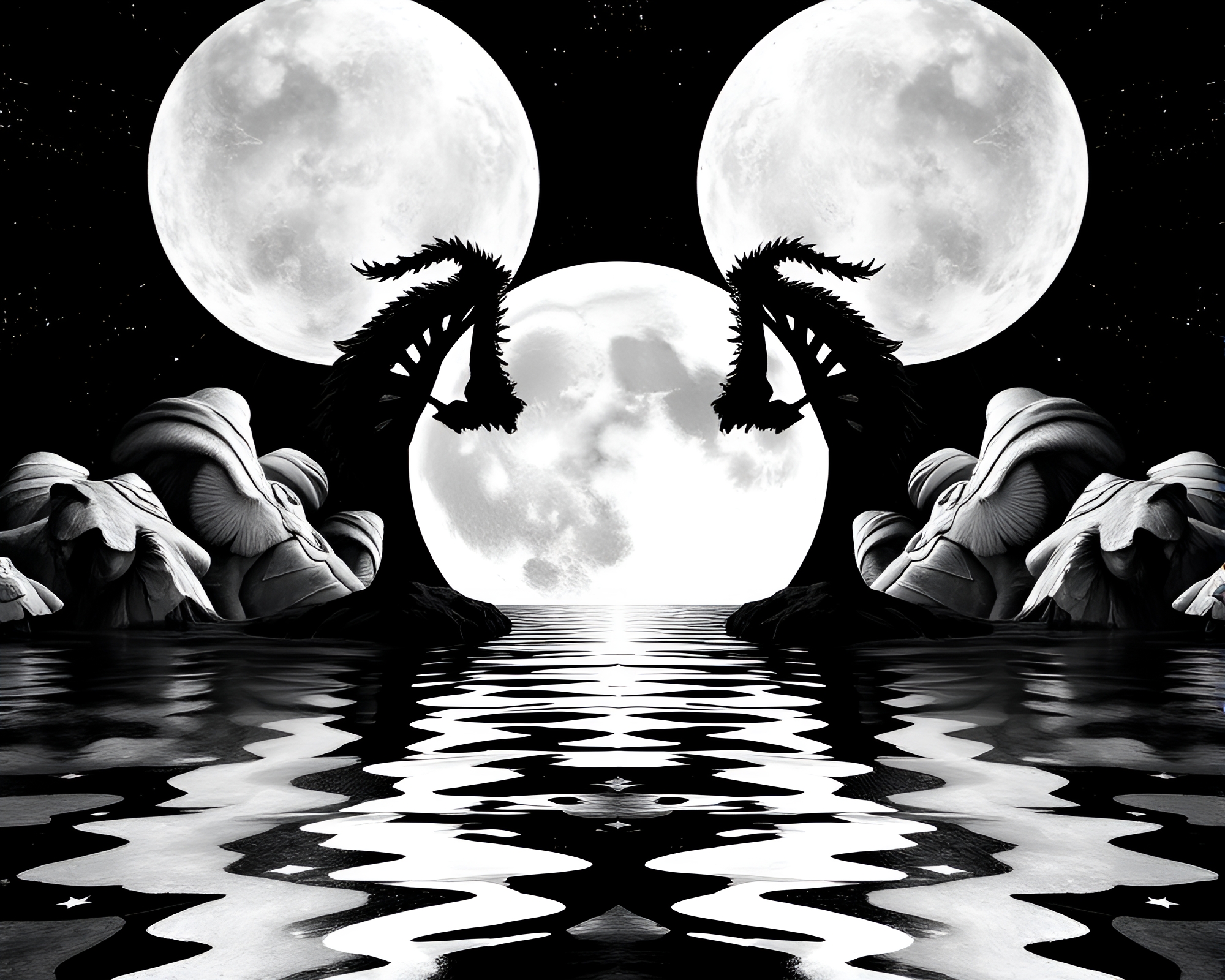Symmetrical Moonlit Illusion: Grayscale Fashion Art – free AI stock image