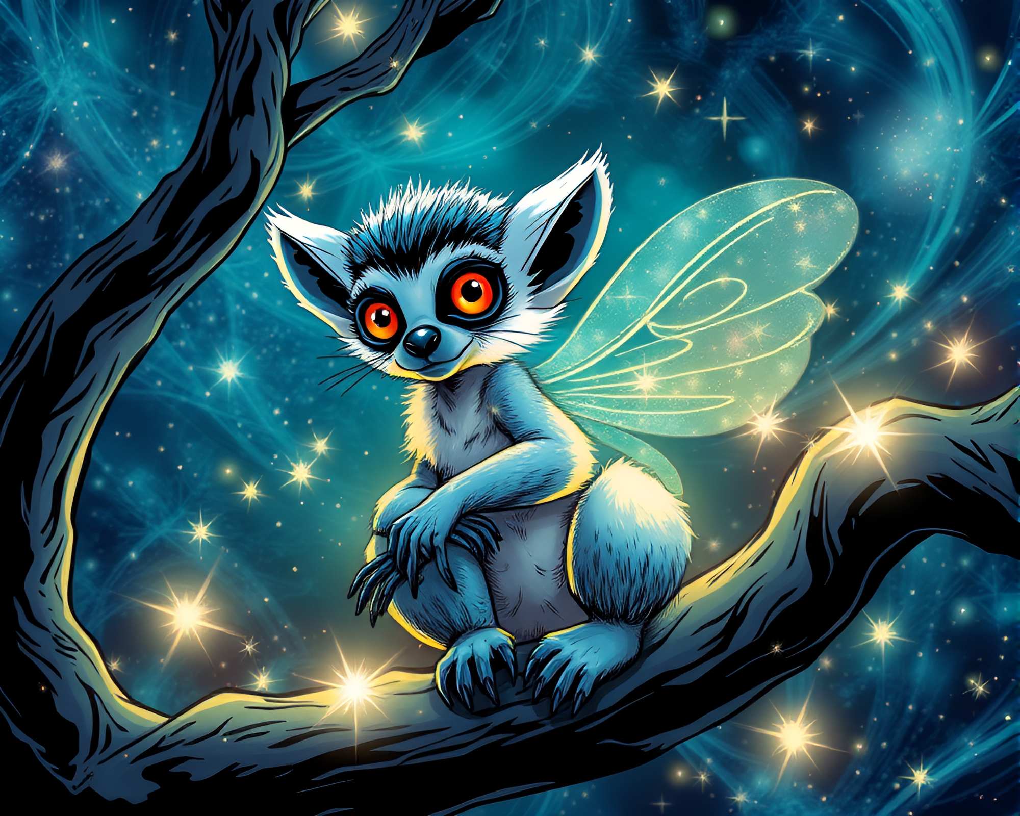 Twisting Vortex of Lemur with Fairy Lights Comic Style – free AI stock image