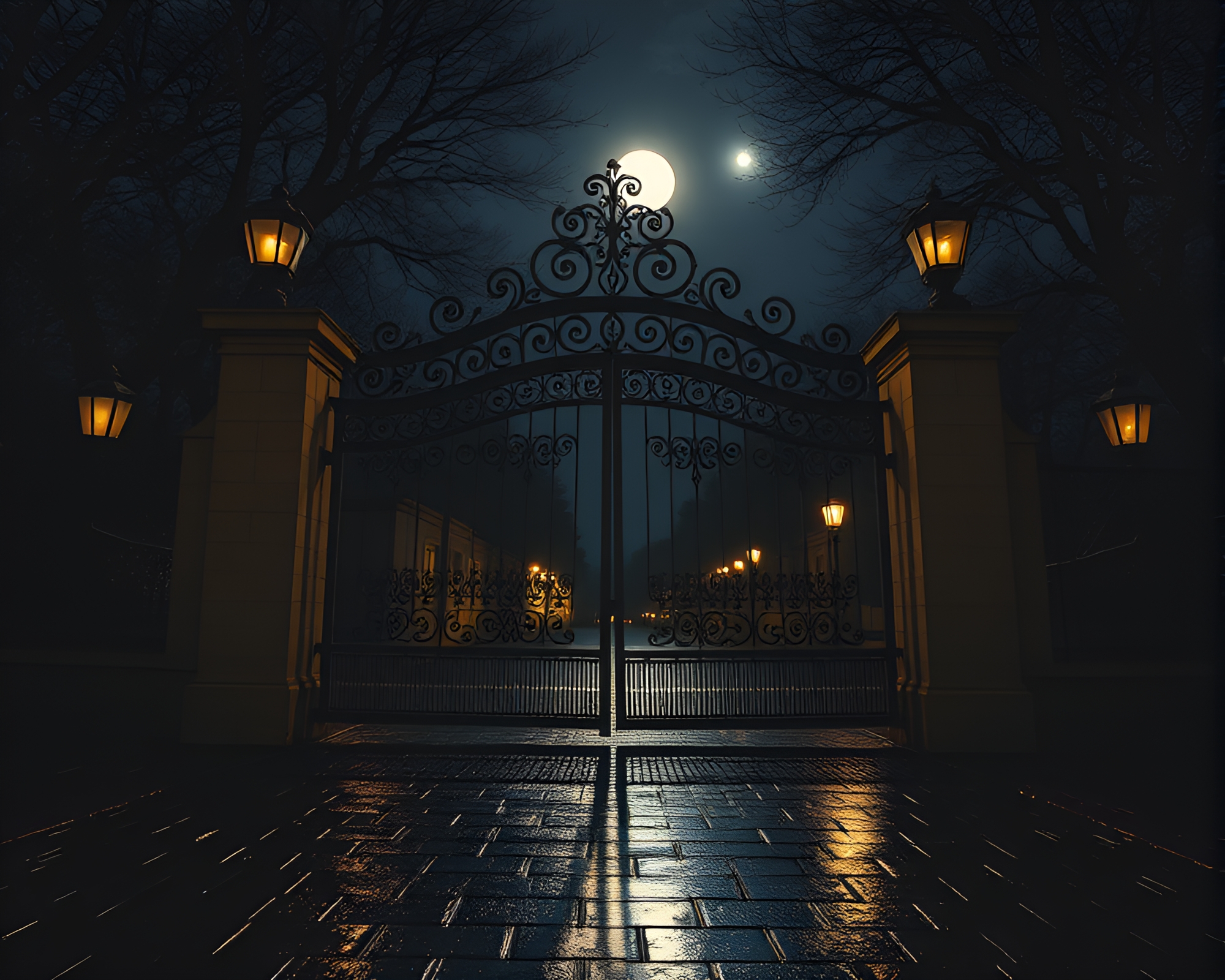 Moonlit Wrought Iron Gate Surrounding Wet Pavement – free AI stock image