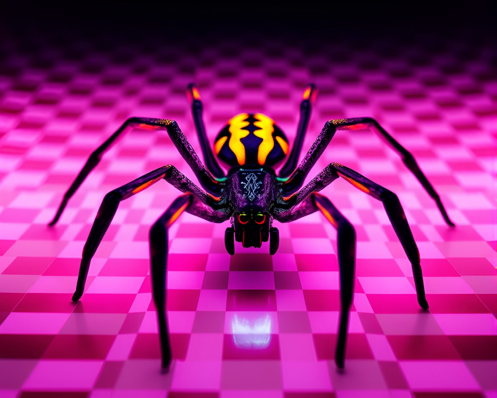 Vibrant neon-lit art installation featuring a mechanical spider