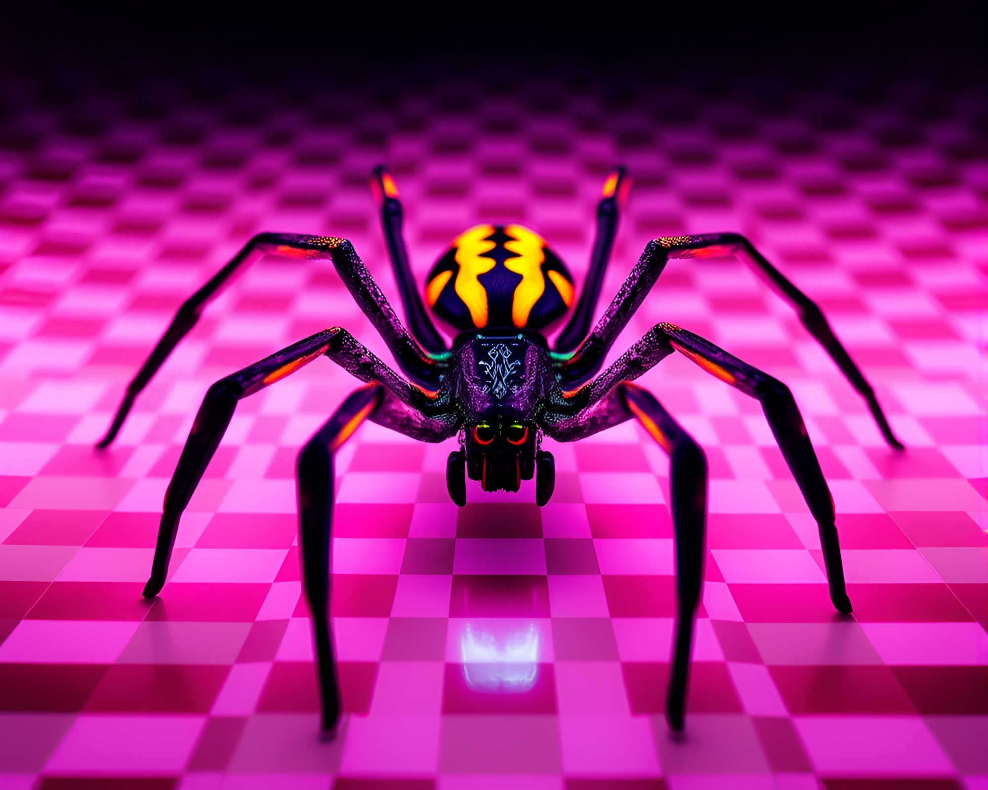 Mechanical Spider in Neon Checkered Pastel World – free AI stock image