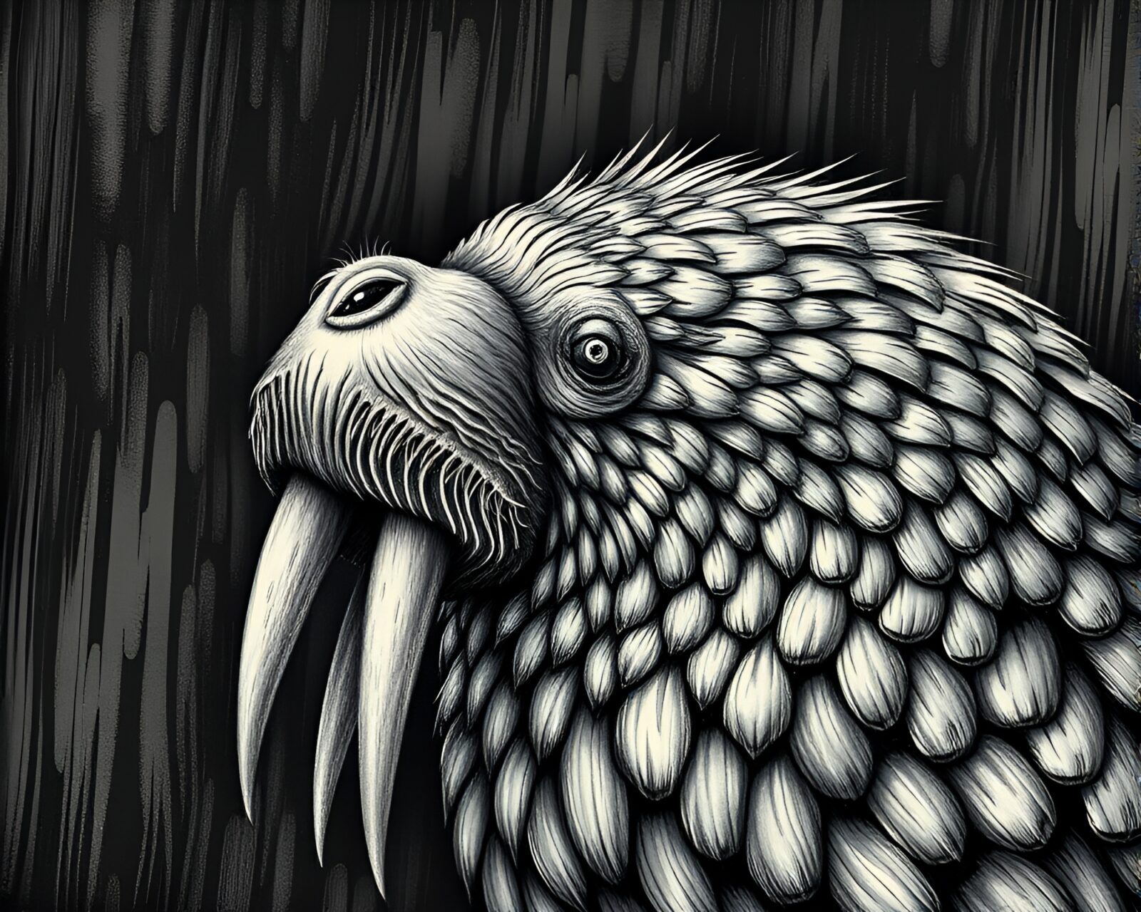 Beautifully detailed walrus in sumi-e style under ambient wood grain lighting