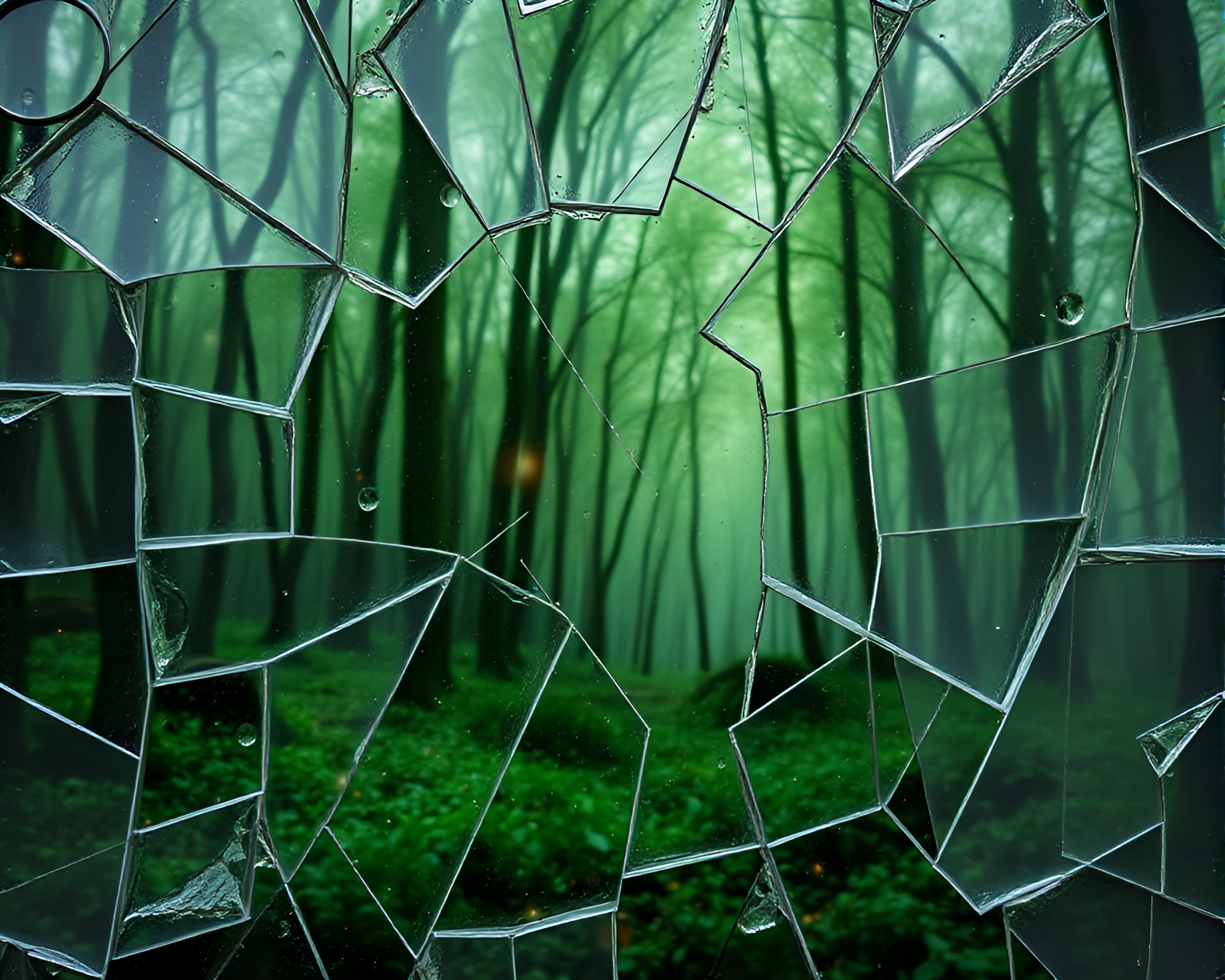 Enchanted Forest Time Traveler Broken Glass Reflection – free AI stock image