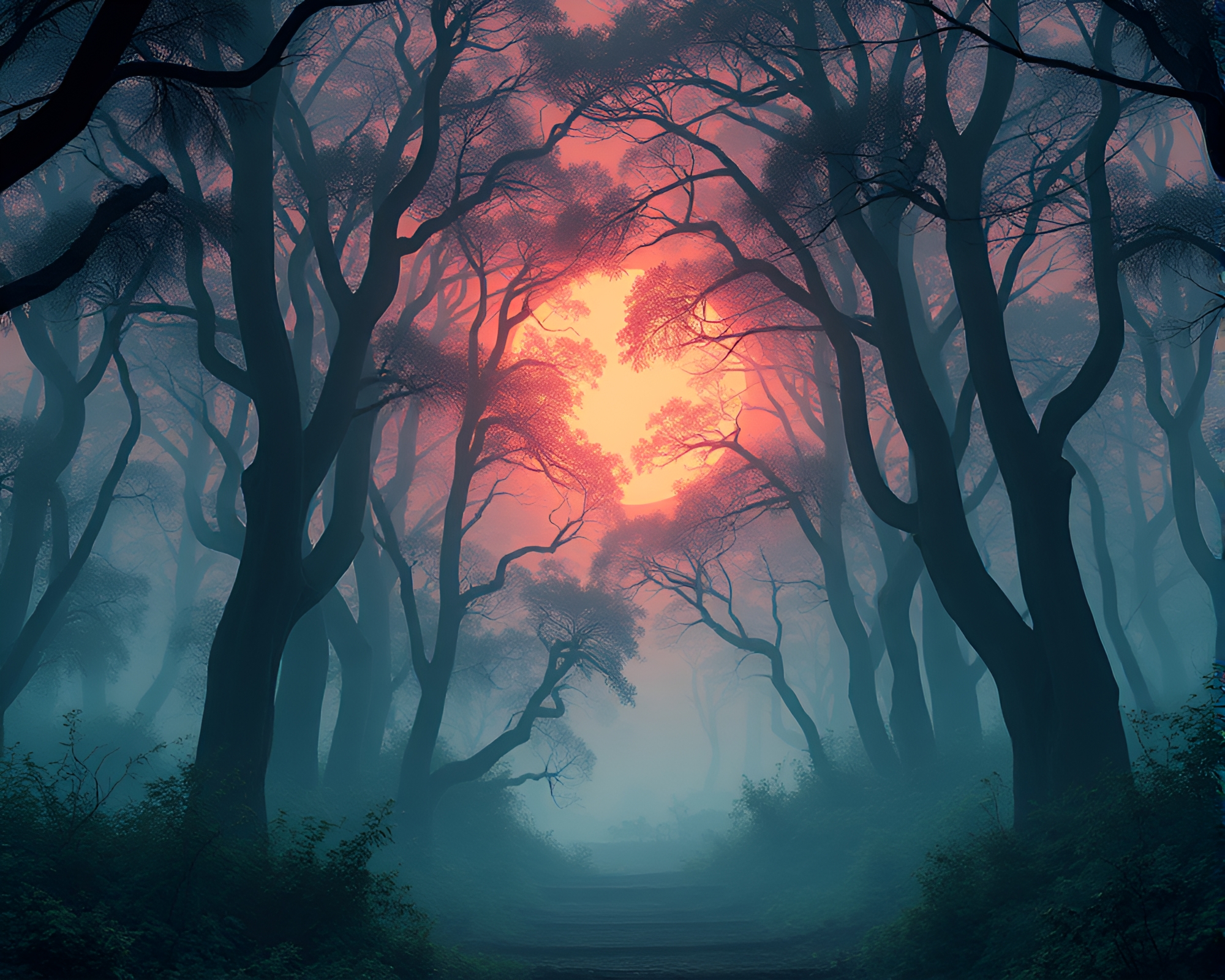 Synthwave Ancient Grove at Dawn Mist – free AI stock image