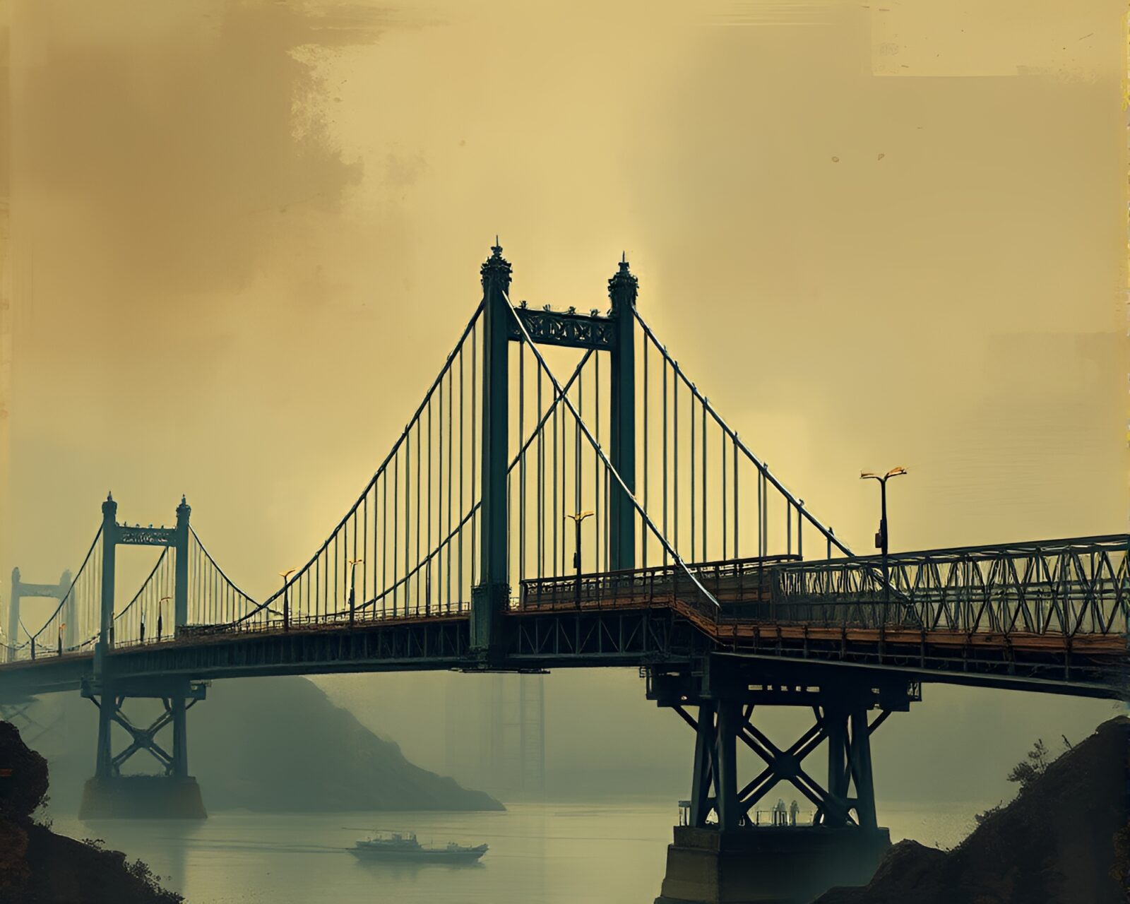 Suspension bridge with futuristic cyberpunk aesthetics and bronze tones