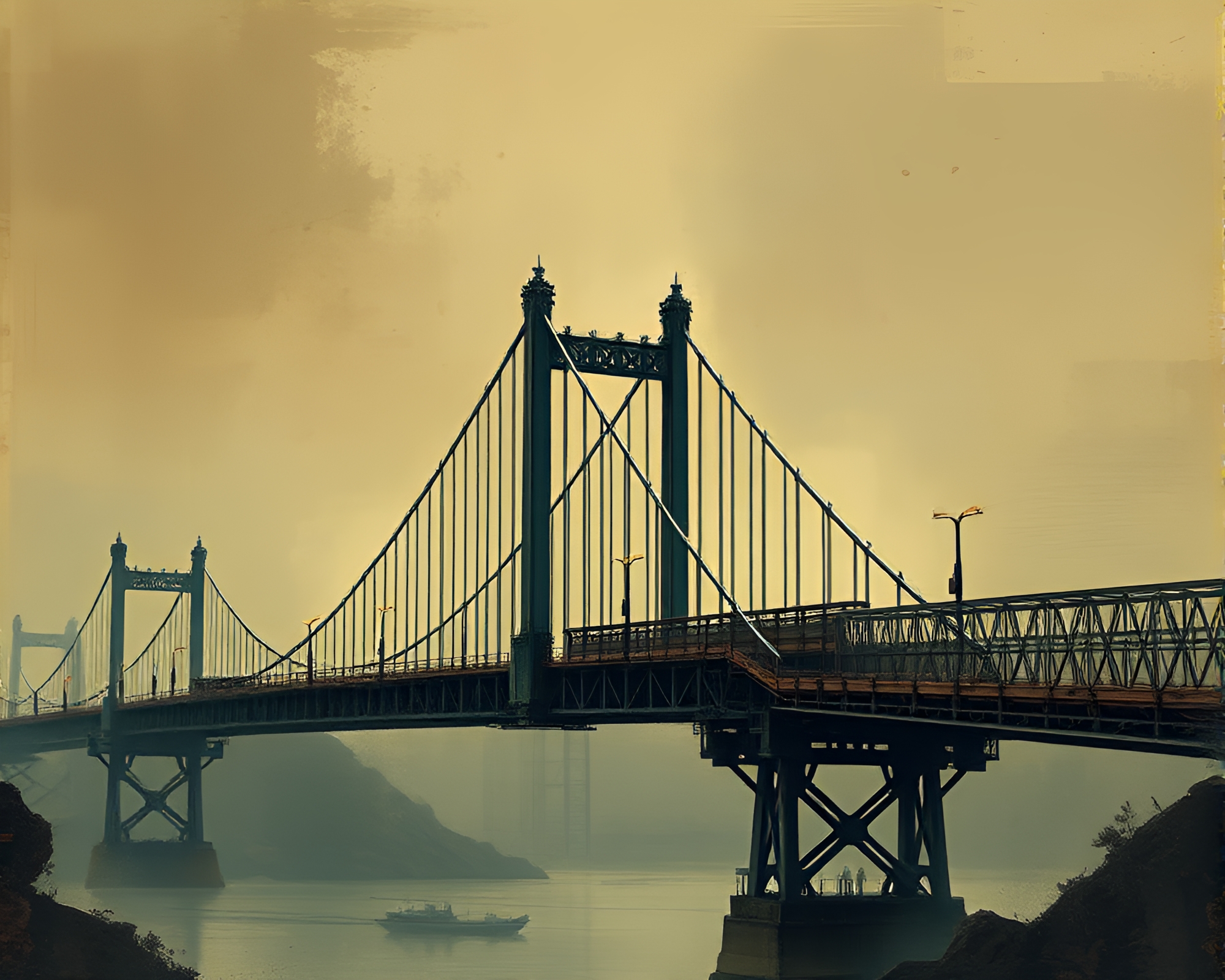Bronze Patina Suspension Bridge in Cyberpunk Illustration – free AI stock image