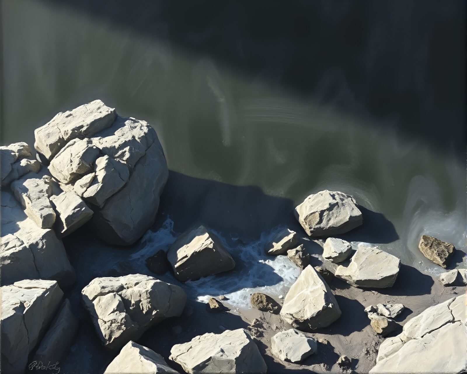 Rocky coastal scene with chalkboard textures and soft lighting