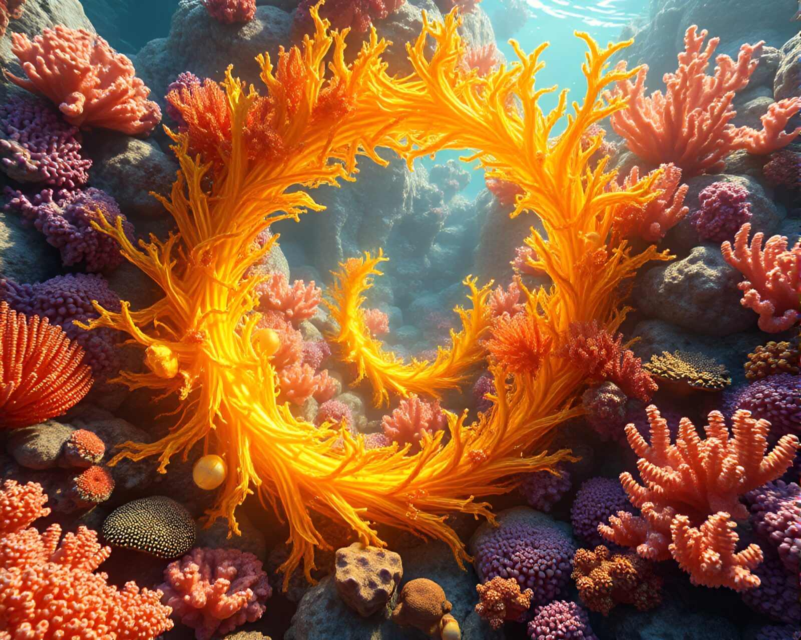 CGI render of golden spiral reef with surreal colors