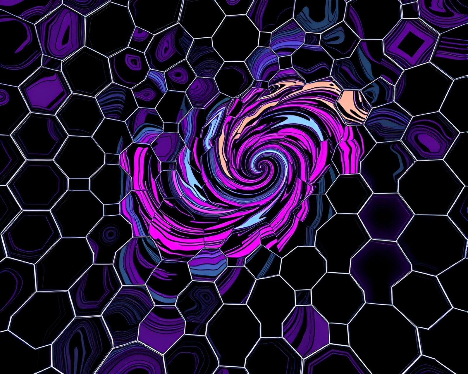 Surreal artwork of swirling hexagonal tiles in high contrast lighting