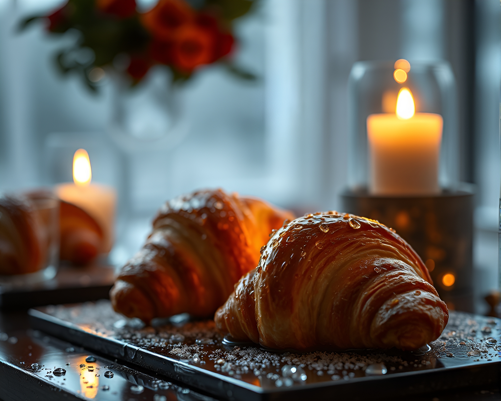 Croissant reflection in rain-soaked glass, candlelit – free AI stock image