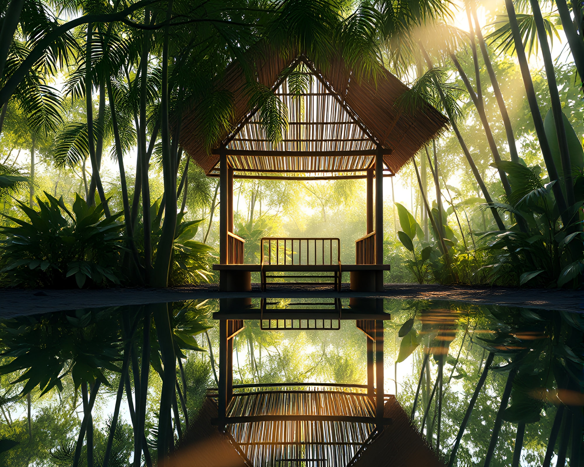 Bamboo Hut Reflection in Jungle Canopy Wireframe – free AI stock image