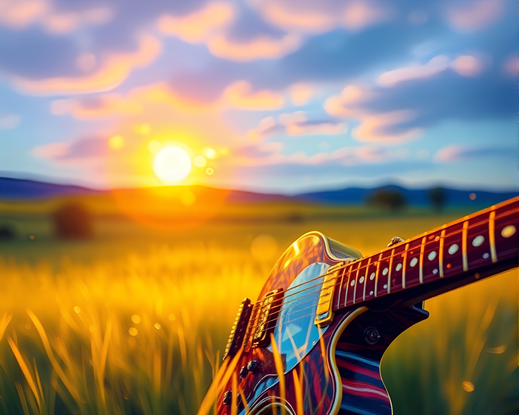 Glass Guitar Distortion in Golden Hour Color Field – free AI stock image