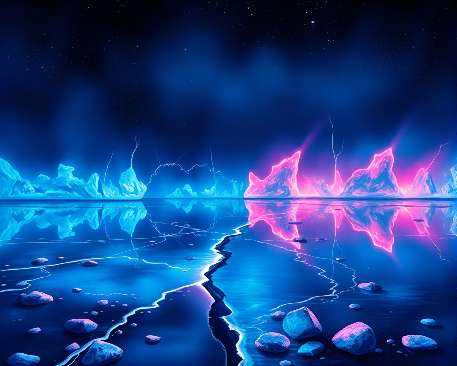 Pastel neon pointillism scene of reef reflecting in ice