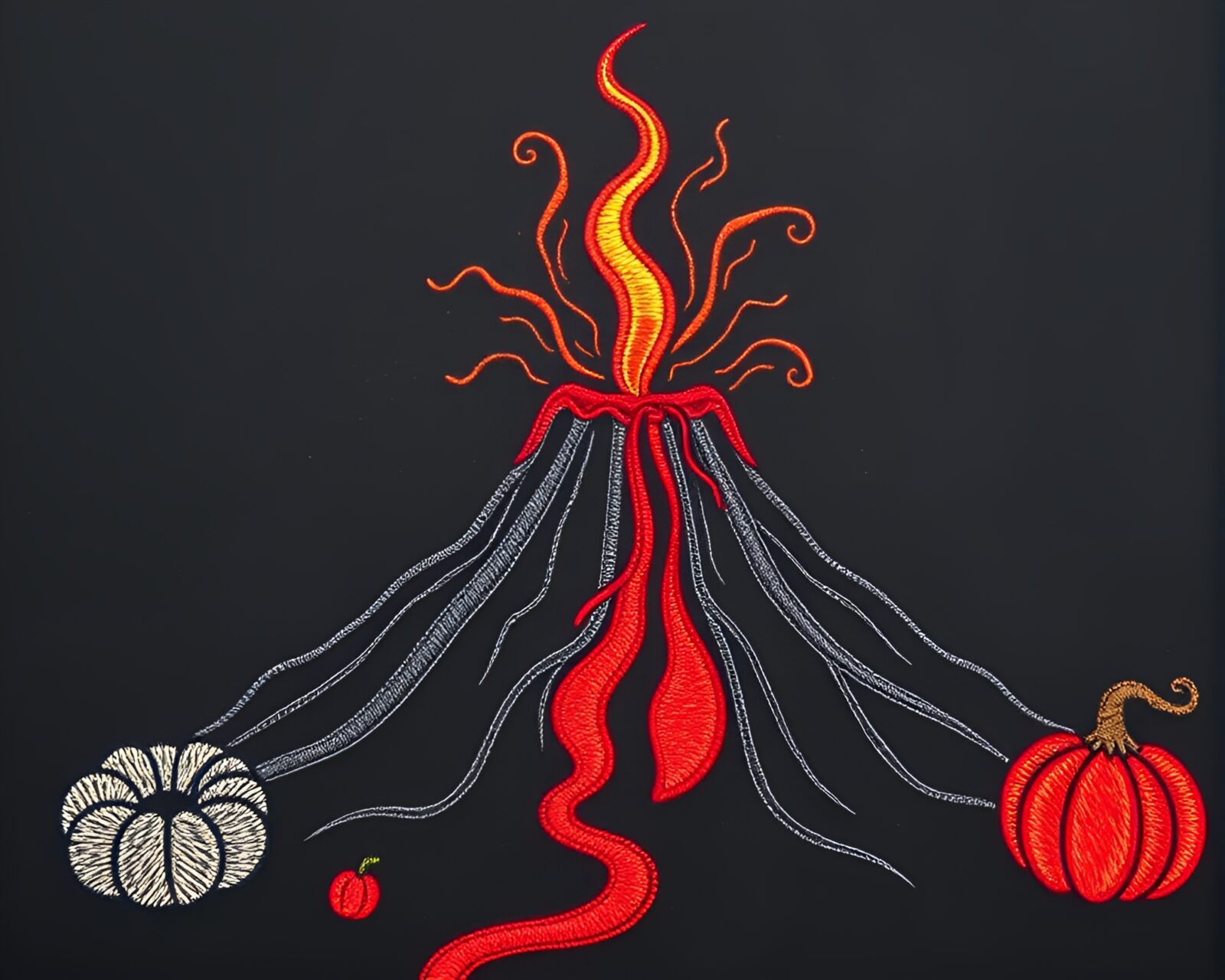 A volcano-red glow illuminates intricate embroidered details of a pumpkin pie on a chalkboard