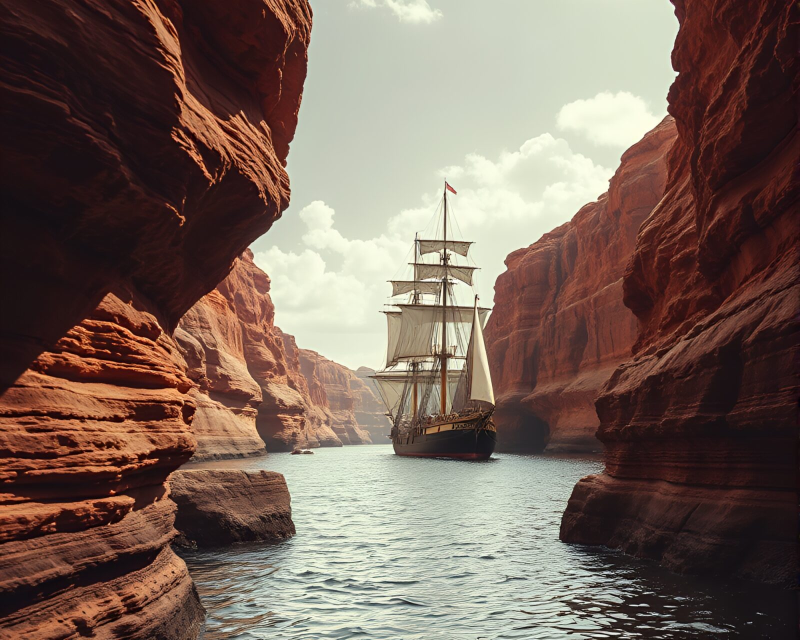 Majestic classic ship sailing through canyon in duochrome tones