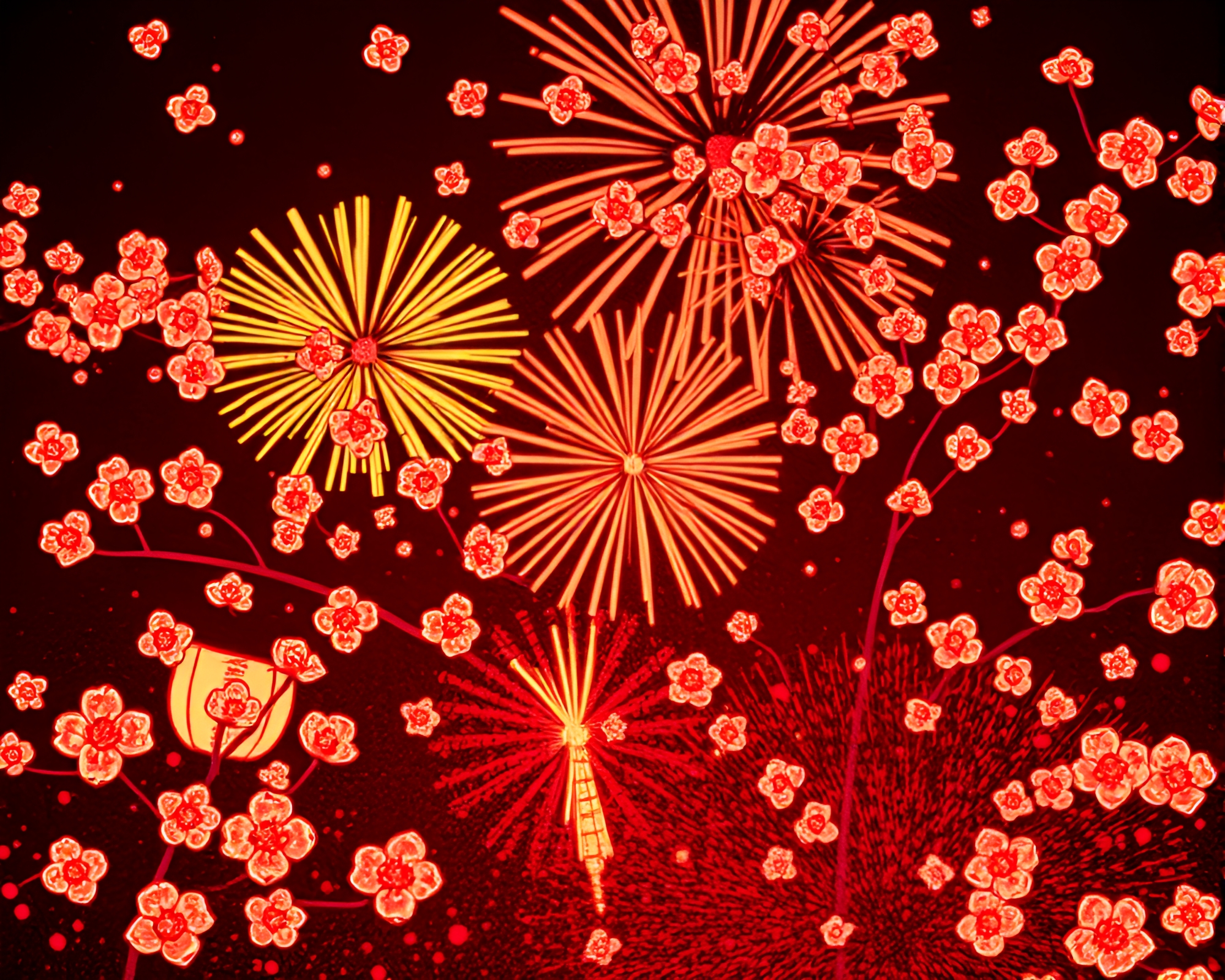 Spring Blossom Fireworks Lino-cut Animation – free AI stock image