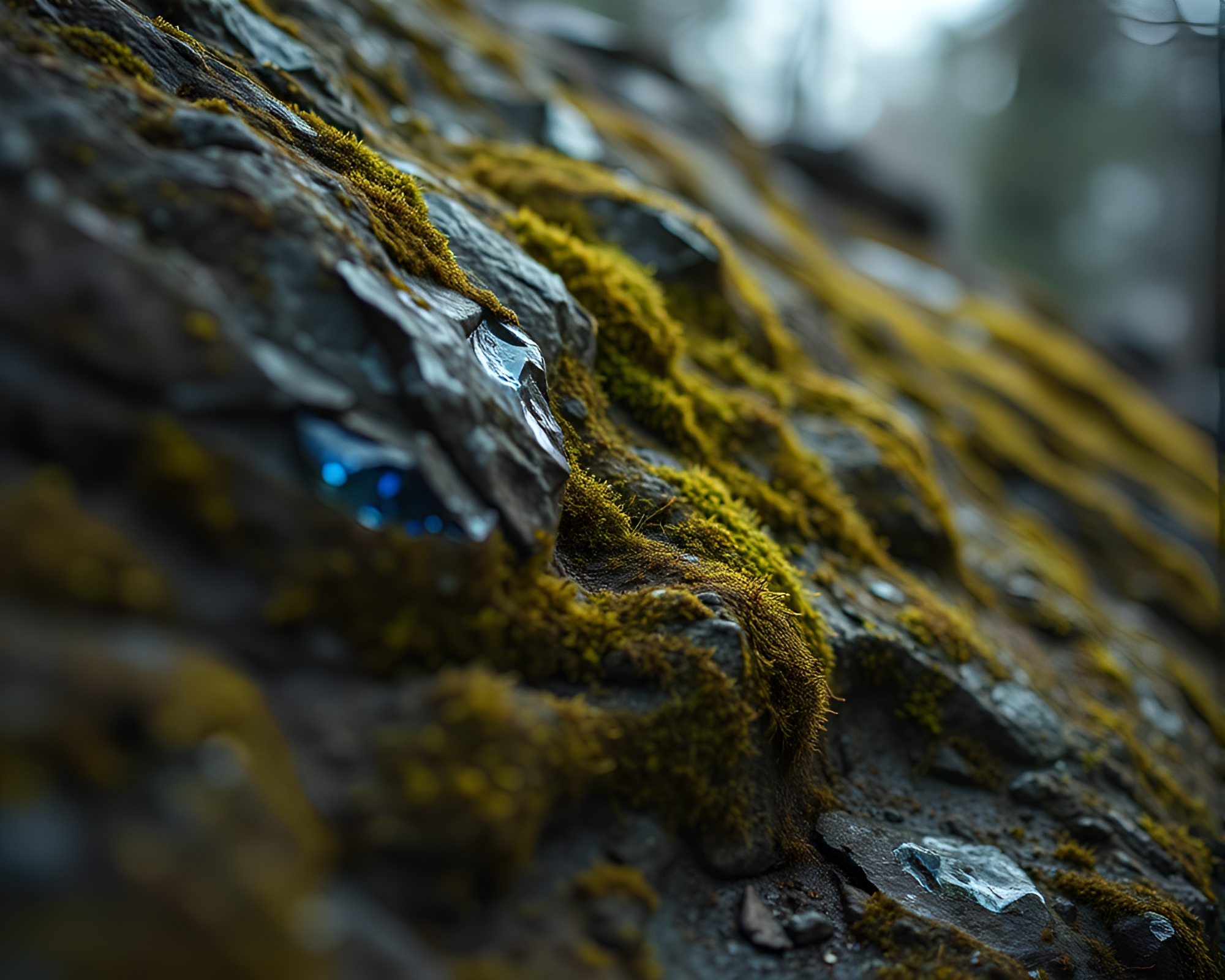Moss-covered rock with sapphire tones exploration – free AI stock image