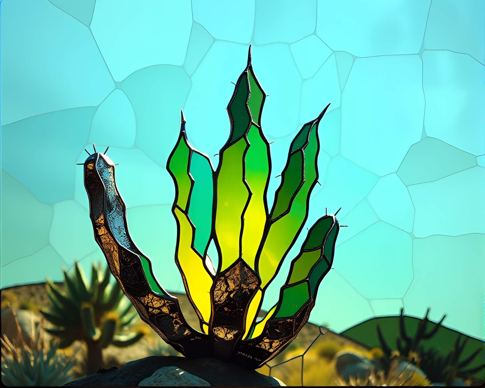 Desert Cactus with Silver Leaf Stained Glass Effect – free AI stock image