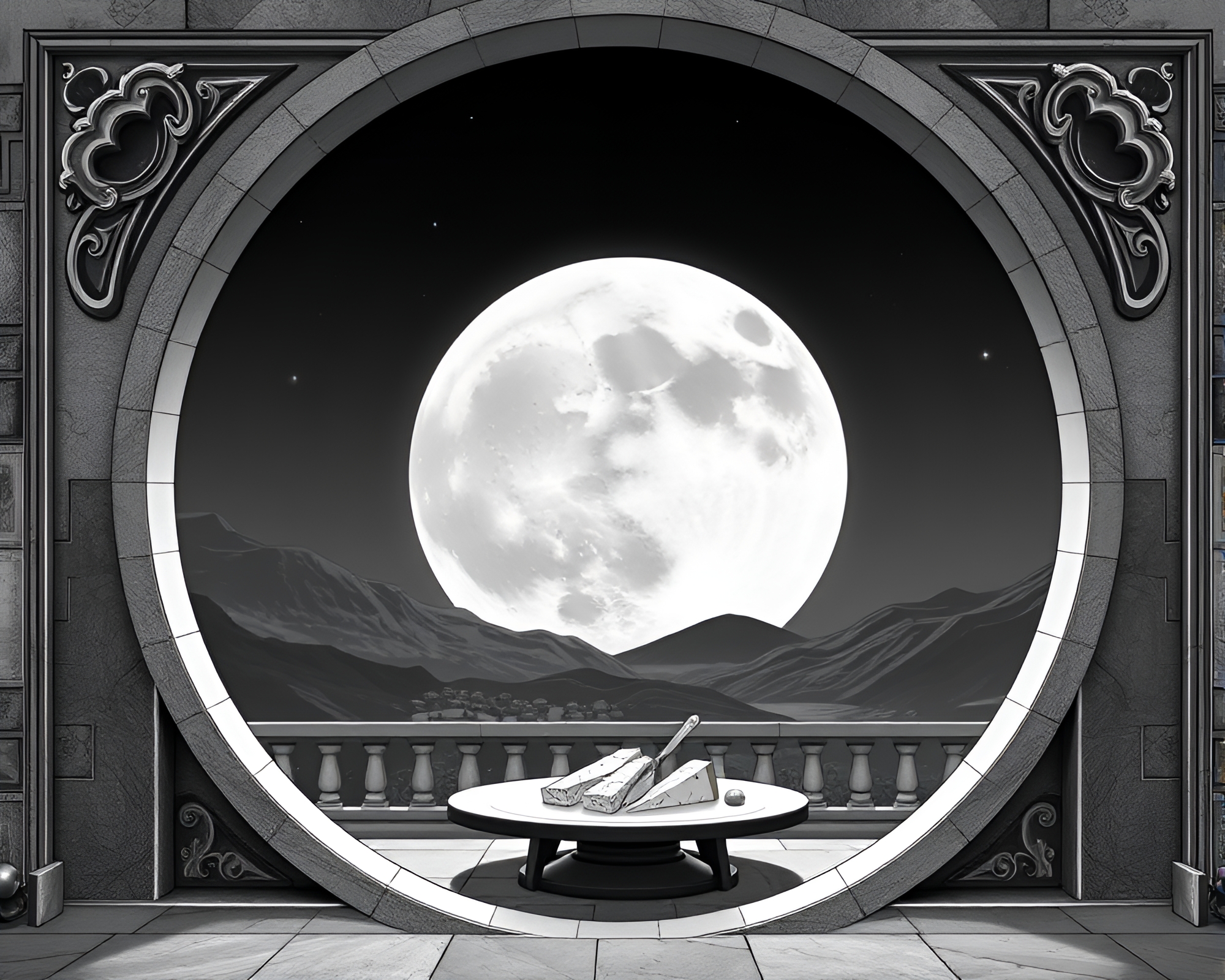 Moonlit Anime Architecture Surrounding Cheese Platter – free AI stock image