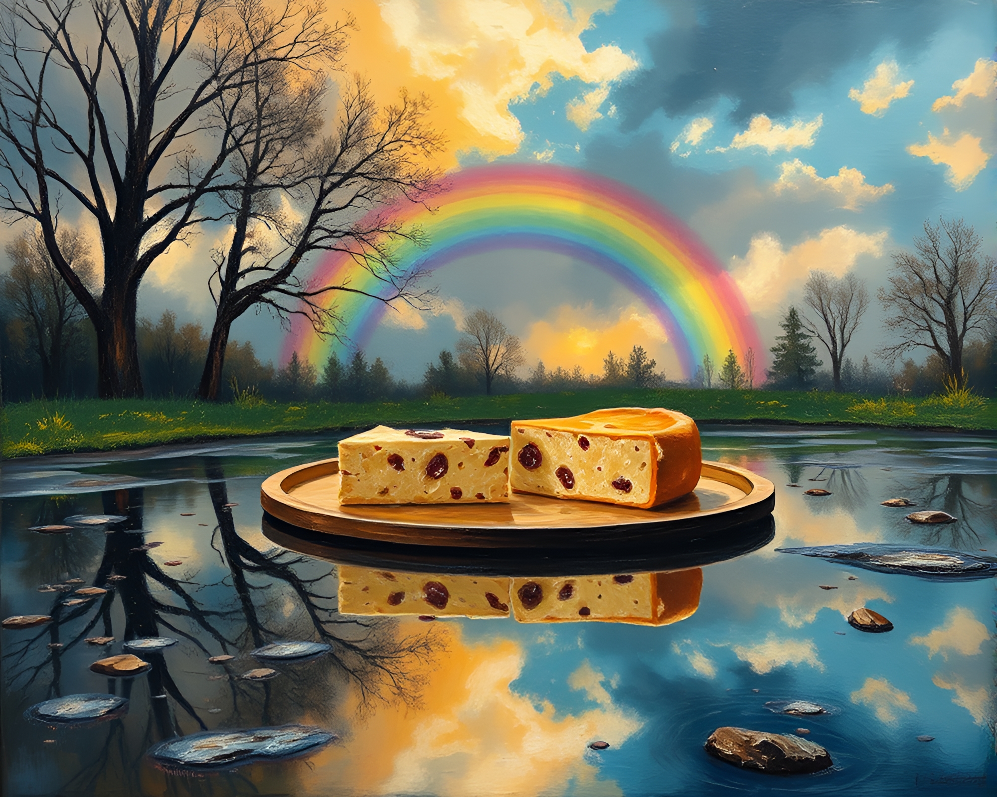 Cheese Platter Reflection in Cosmic Rainbow Puddle – free AI stock image
