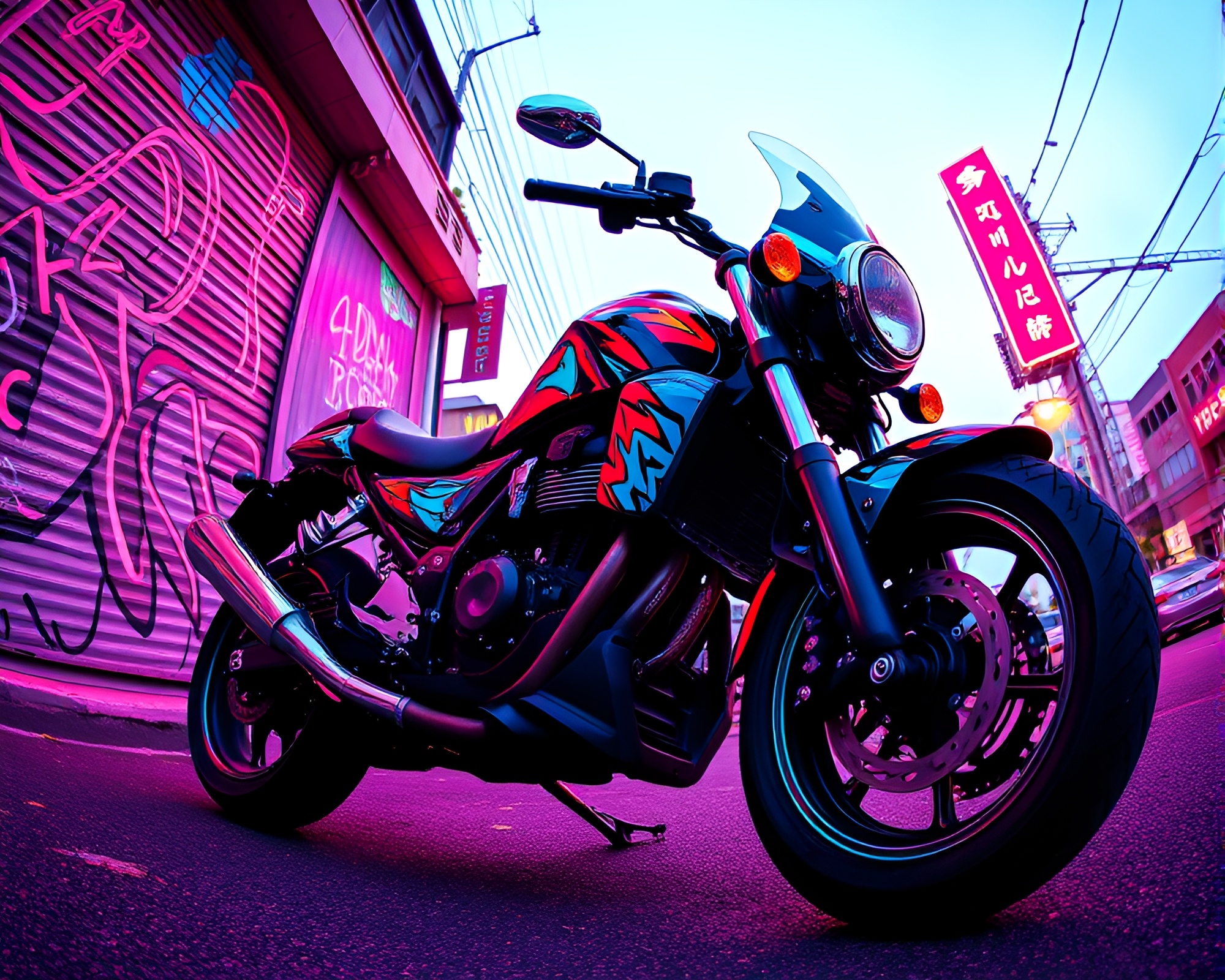 Neon Motorcycle Ride Through Pixelated Cityscape – free AI stock image