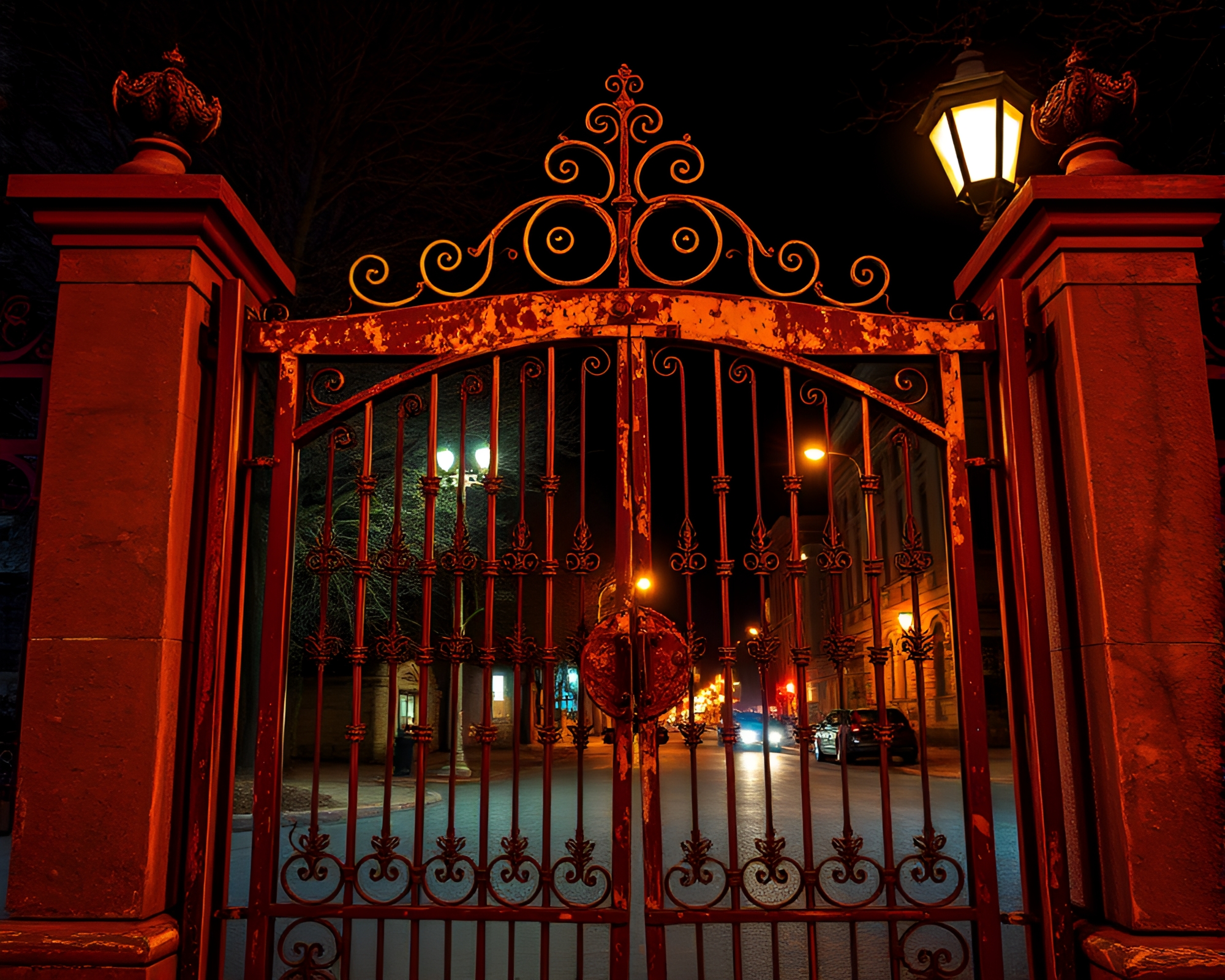 Urban Nightscape: Rusty Wrought Iron Gate in Thermal Imager – free AI stock image
