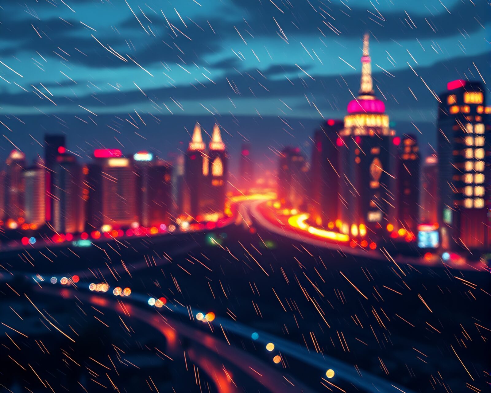 Nighttime city with a unicorn in a metallic, procedurally generated scene