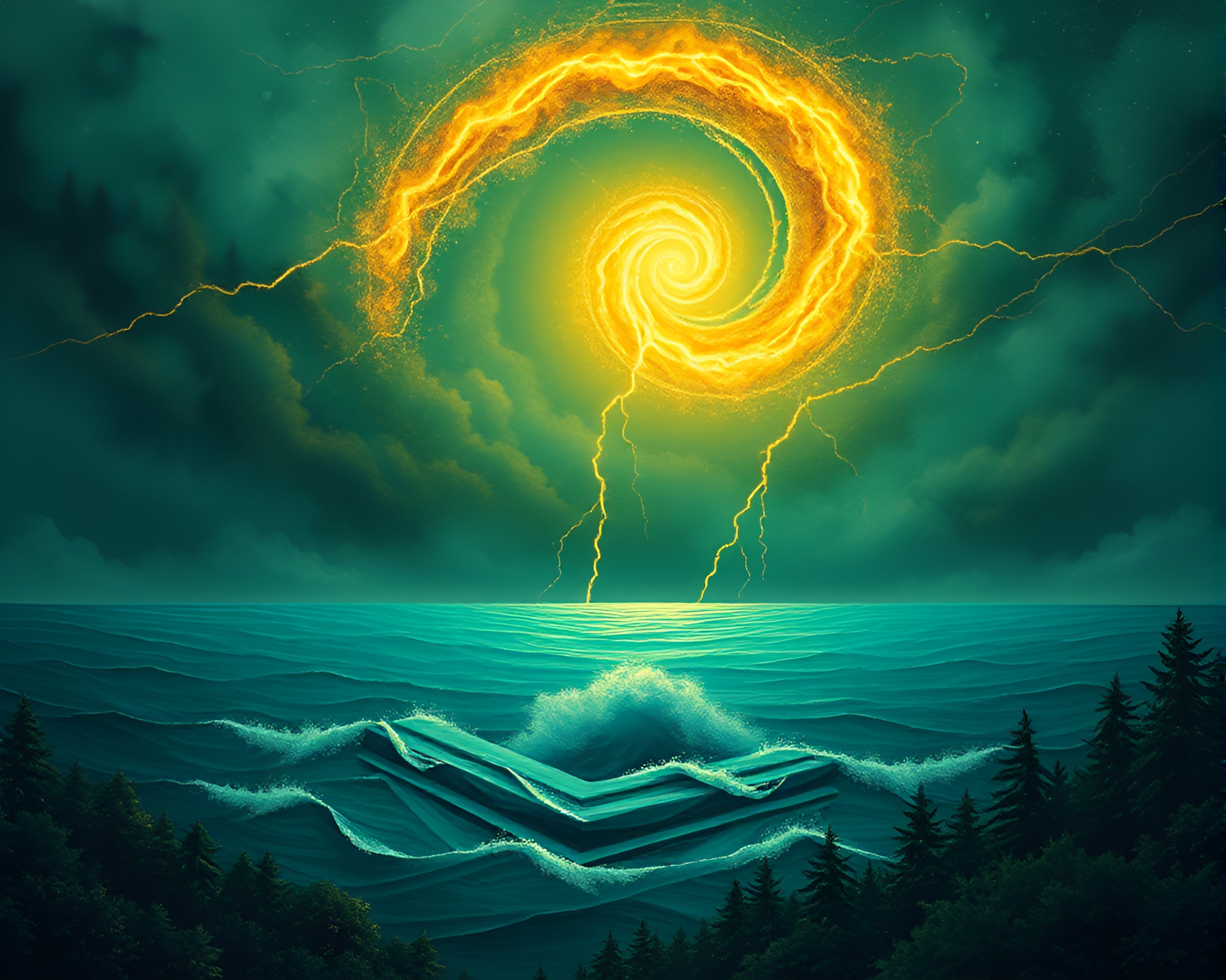 Mystical Thunderstorm Golden Spiral Fashion Illustration – free AI stock image
