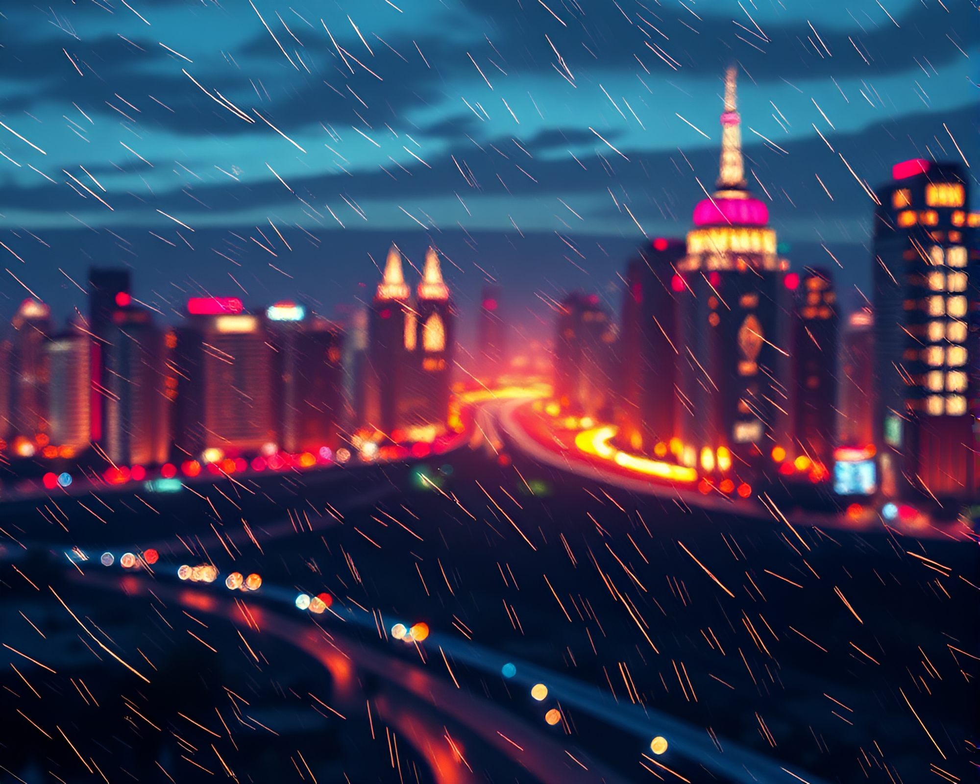 Glowing Cityscape: Unicorn Amid Metallic Scratches – free AI stock image