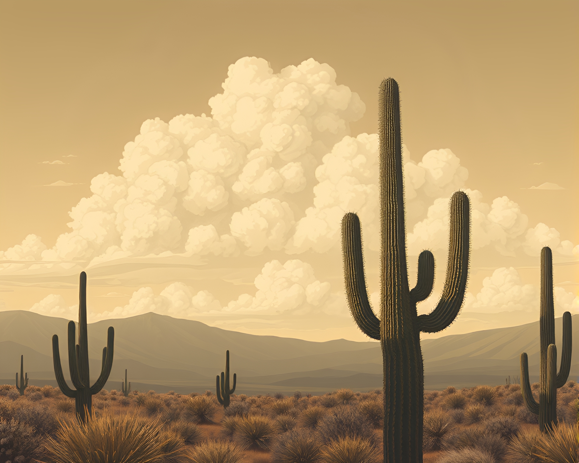 Tech Illustration of Desert Cactus Cloudscape – free AI stock image