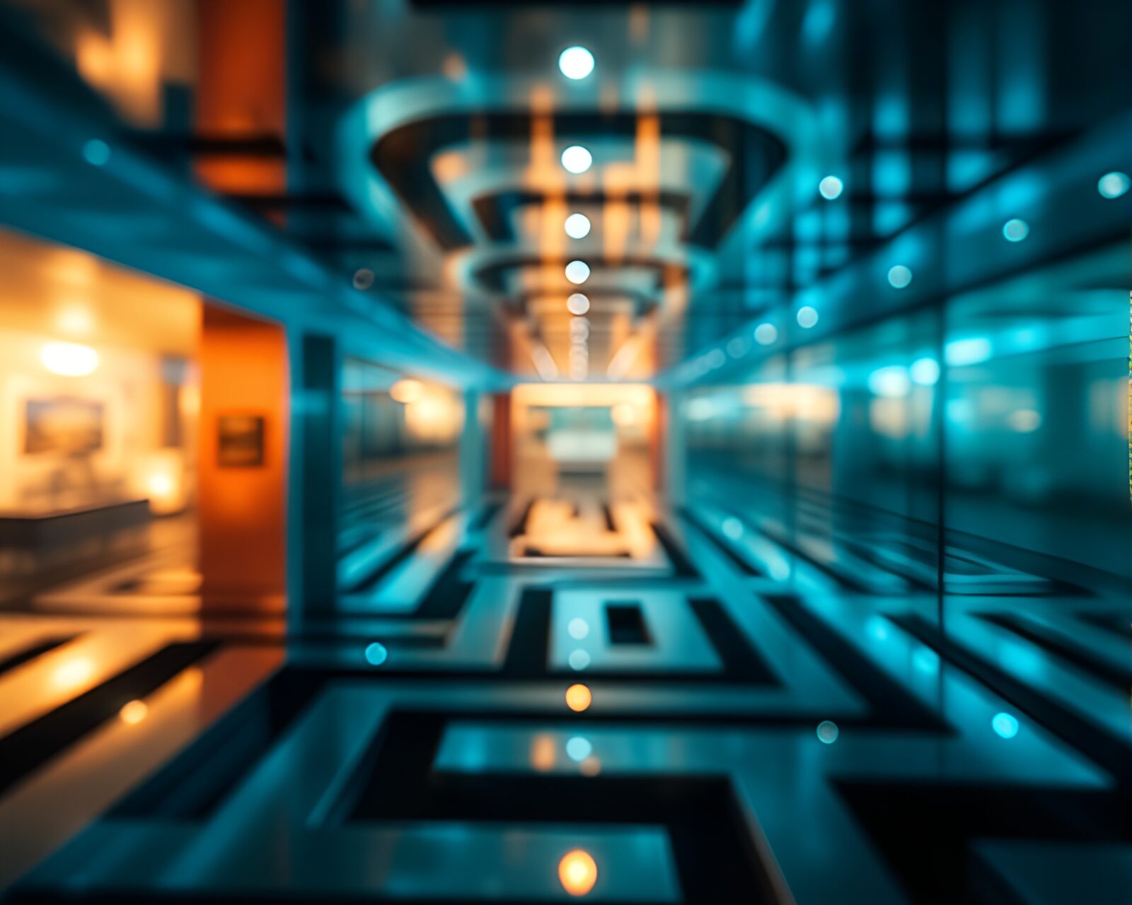 Soft focus mirror maze with topaz glow and wide-angle view