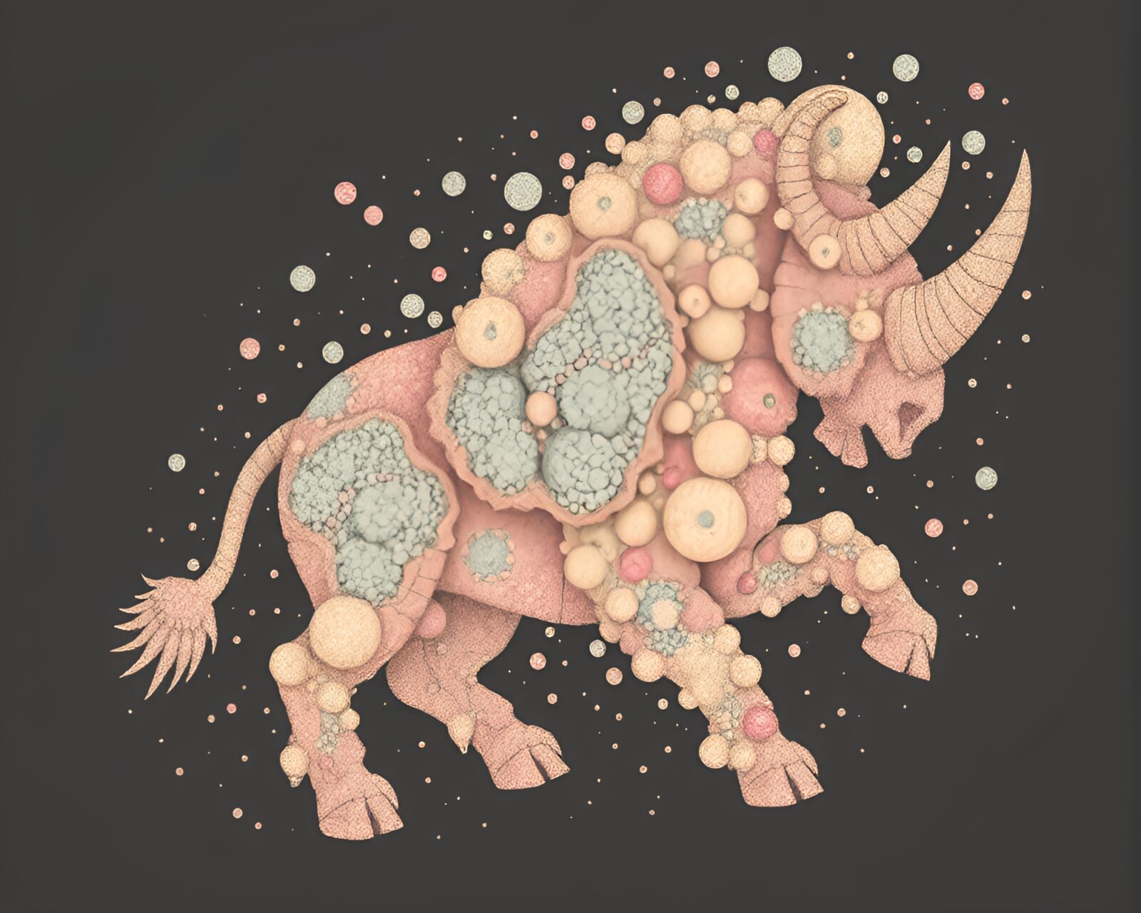 A unique fantasy scene featuring a Minotaur surrounded by bubbles