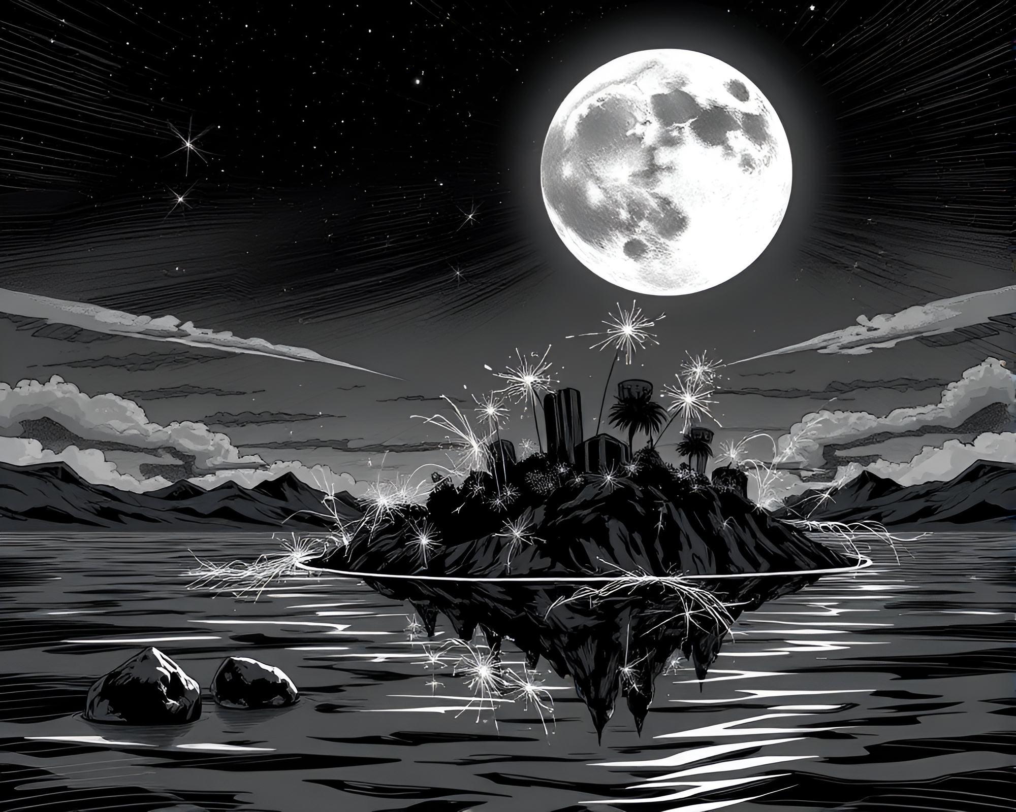Glowing Trails: Floating Island in Lunar Comic Book Style – free AI stock image