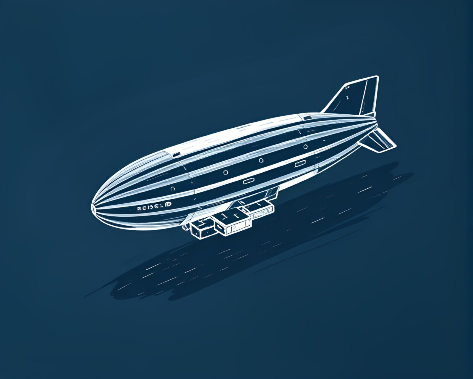 Isometric blue-toned chalkboard illustration of Zeppelin airship flying