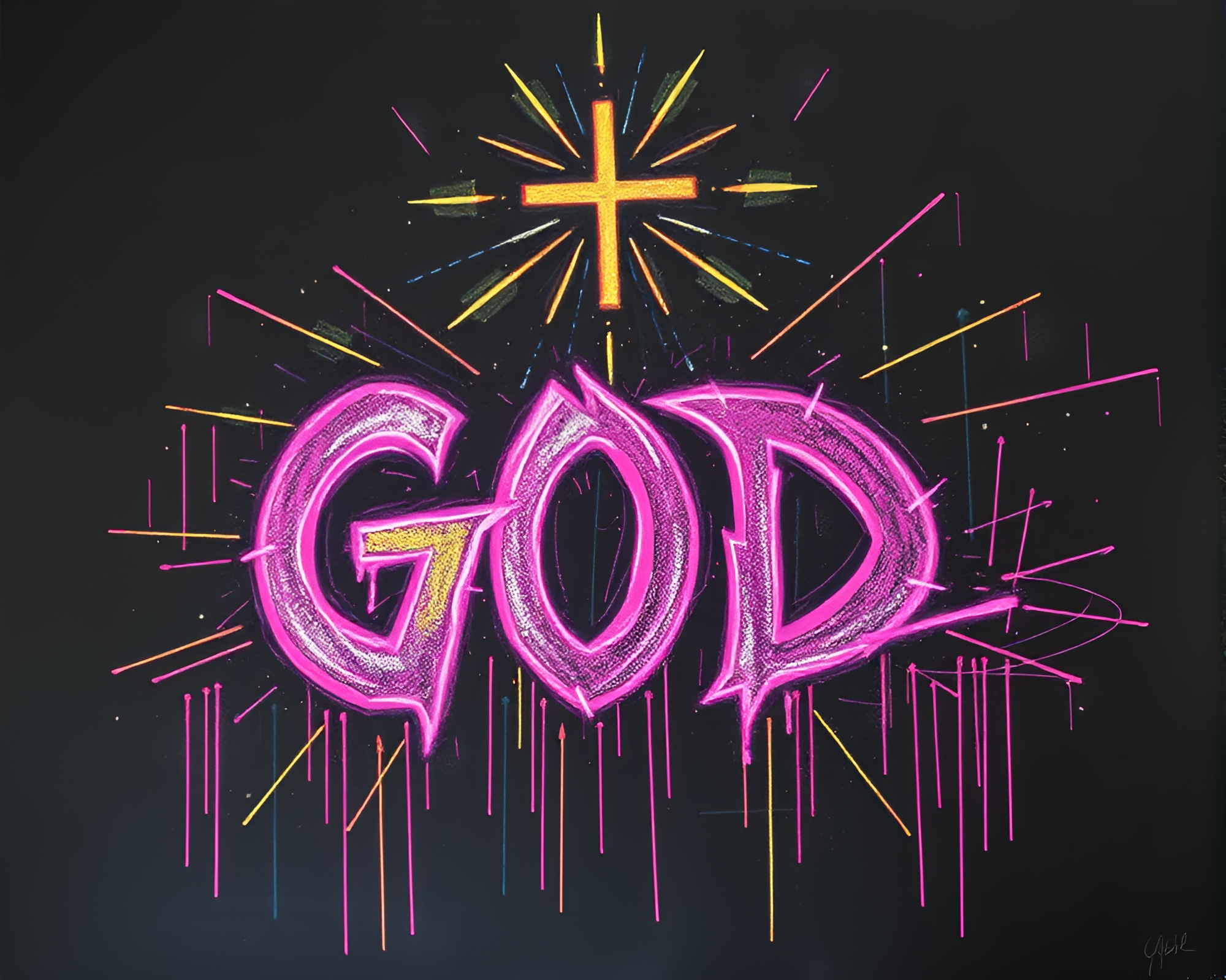 Foil Stamped Neon Graffiti Illuminated by God Rays – free AI stock image
