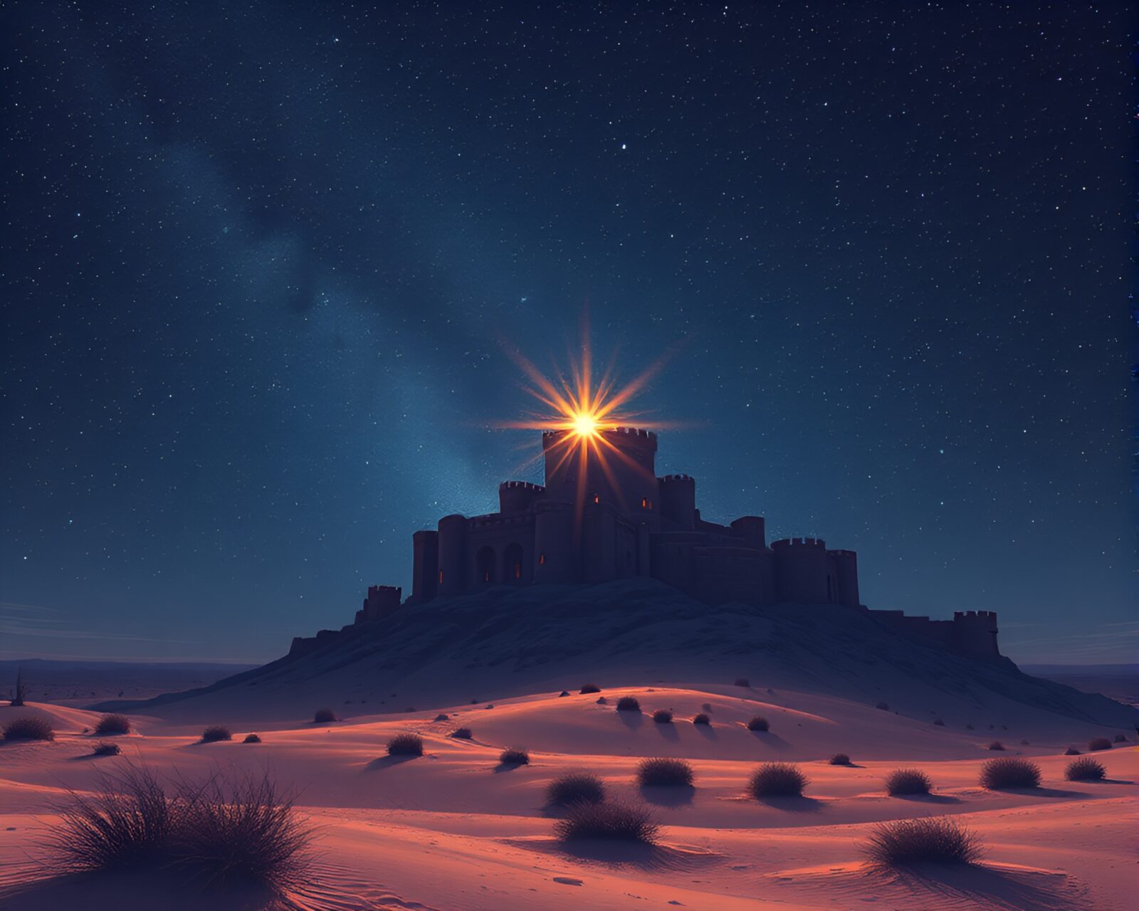 Deserted castle under starlit sky, ASCII art flare effect