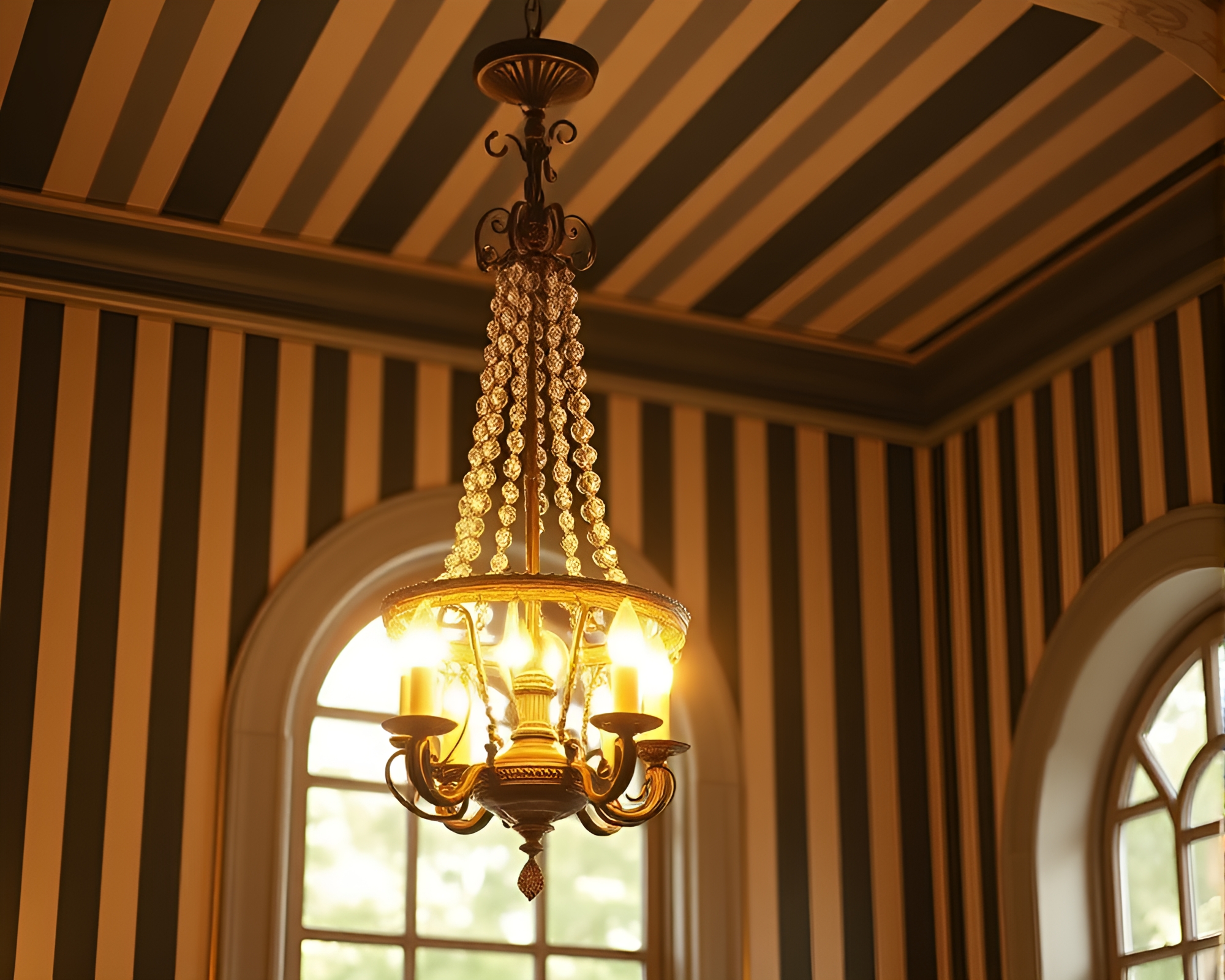 Gothic Chandelier Illuminated by Striped Porchlight – free AI stock image