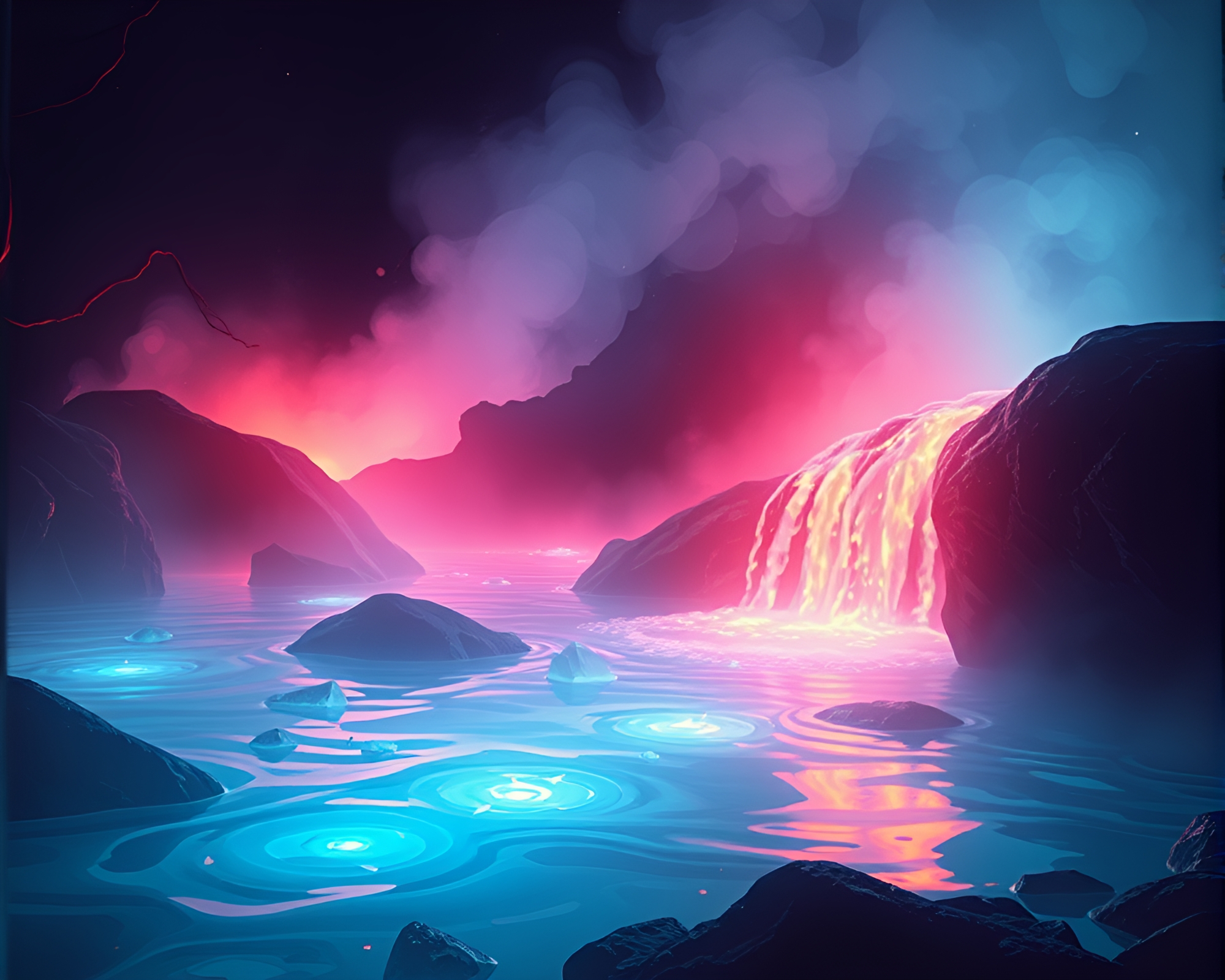 Mystical Hot Spring Silhouette Sorcery Art – free AI stock image