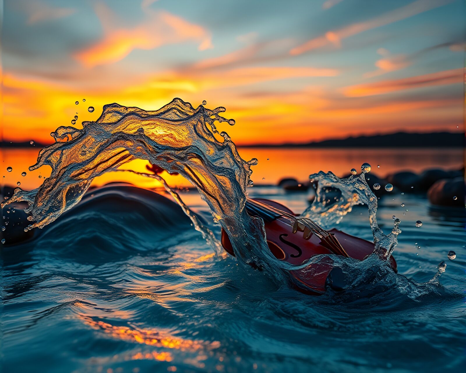 A mesmerizing image of a violinist performing at sunset near a whirlpool