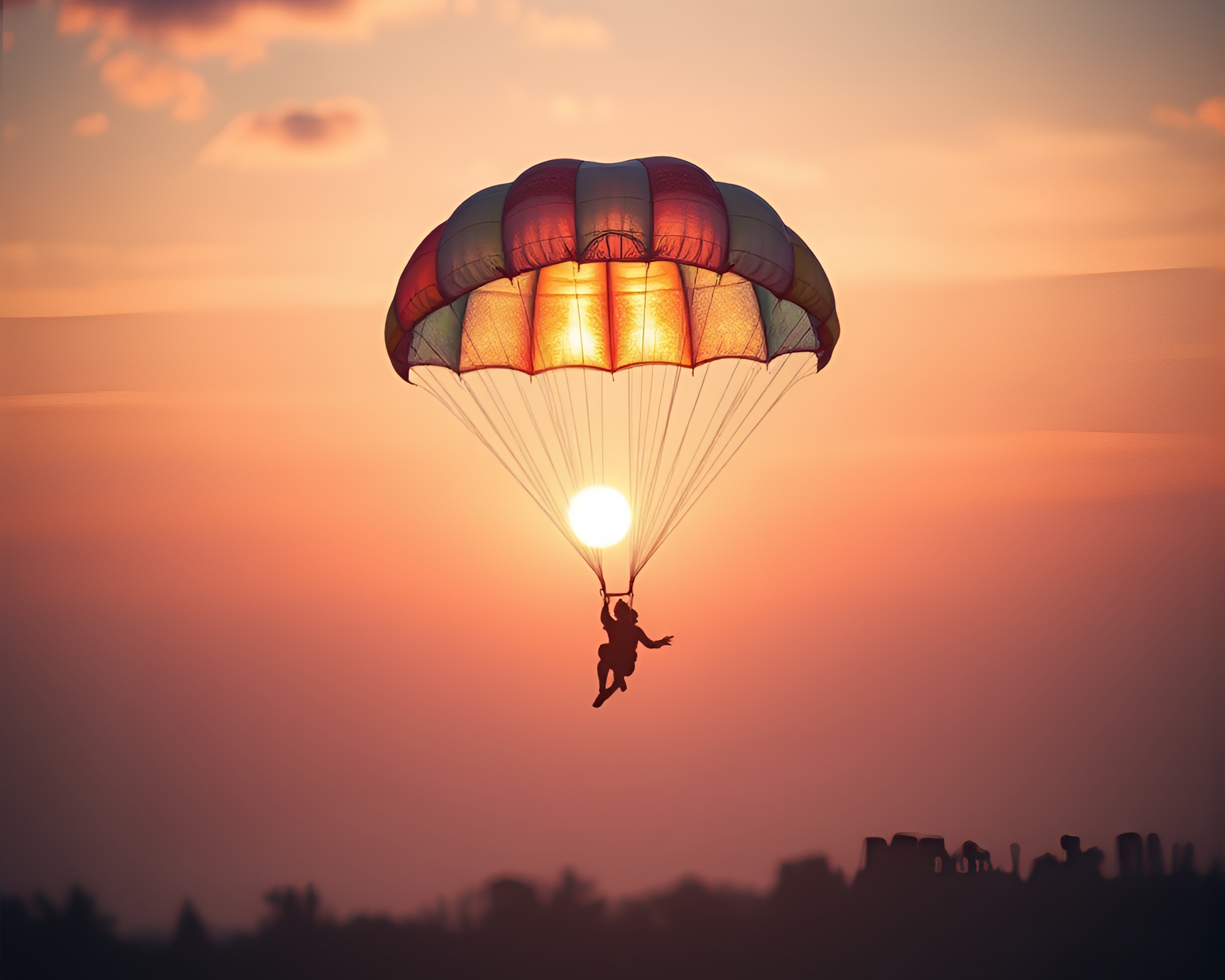 Iridescent Soap Film Parachute Jumper at Sunrise – free AI stock image