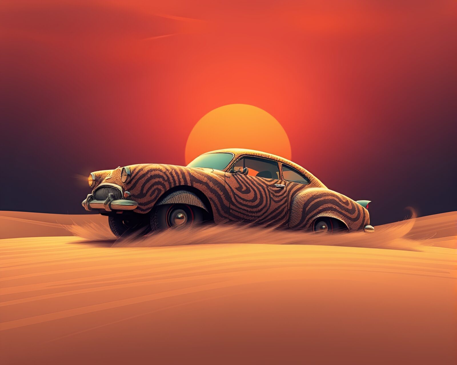 Hover car racing through desert sands with swirling fingerprints