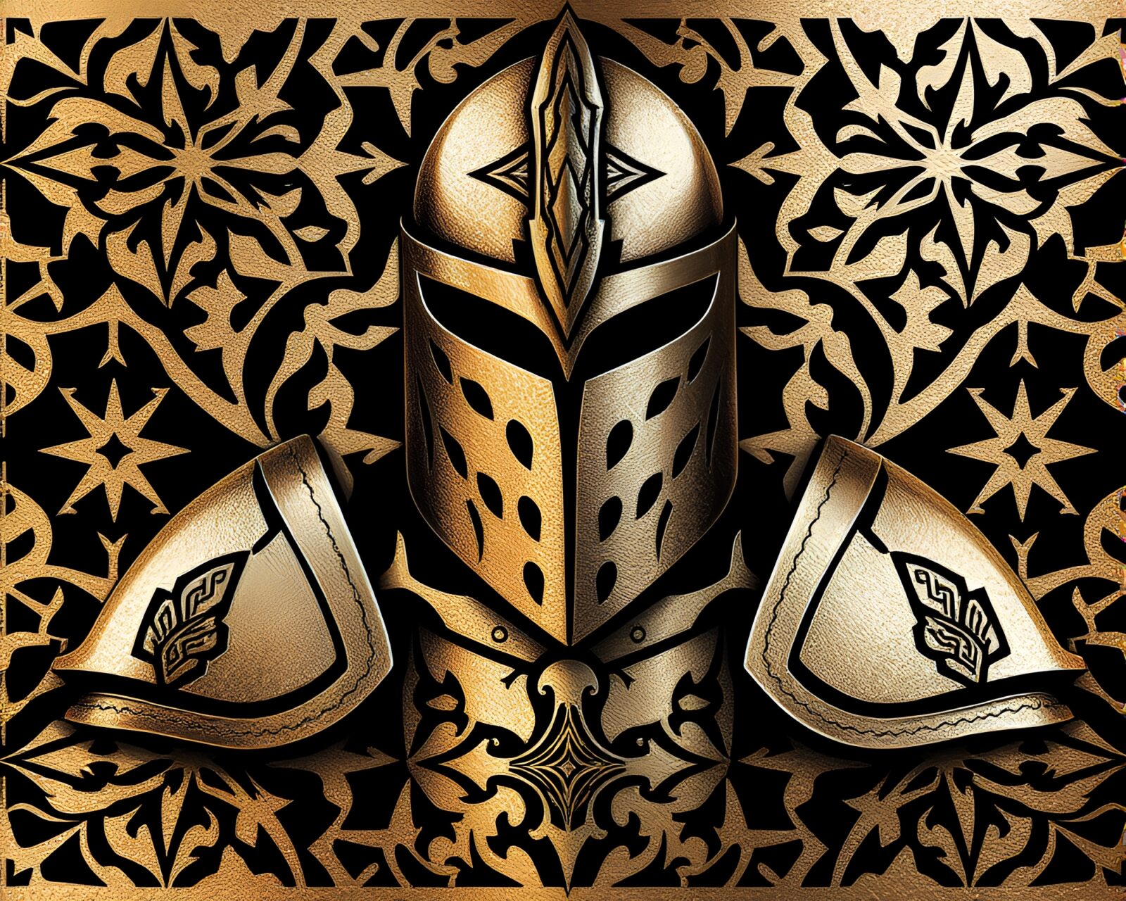 Abstract stencil art depicting intricate metallic armor patterns