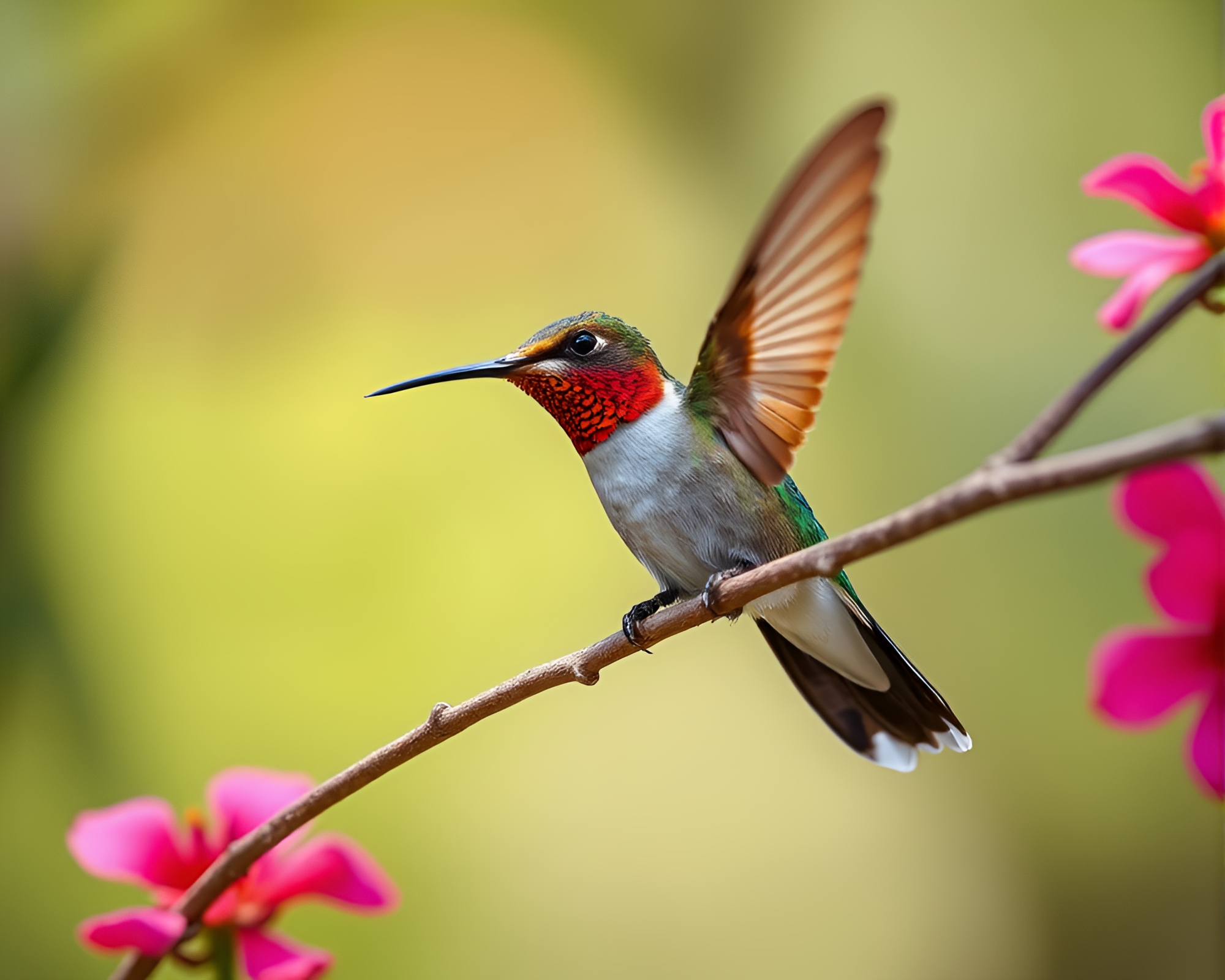 Vibrant Hummingbird Feeding in Magnificent Wide-Angle Scene – free AI stock image