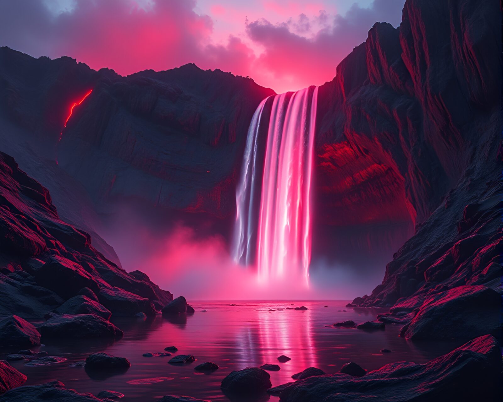 Futuristic neon-lit waterfall in fiery red radiance