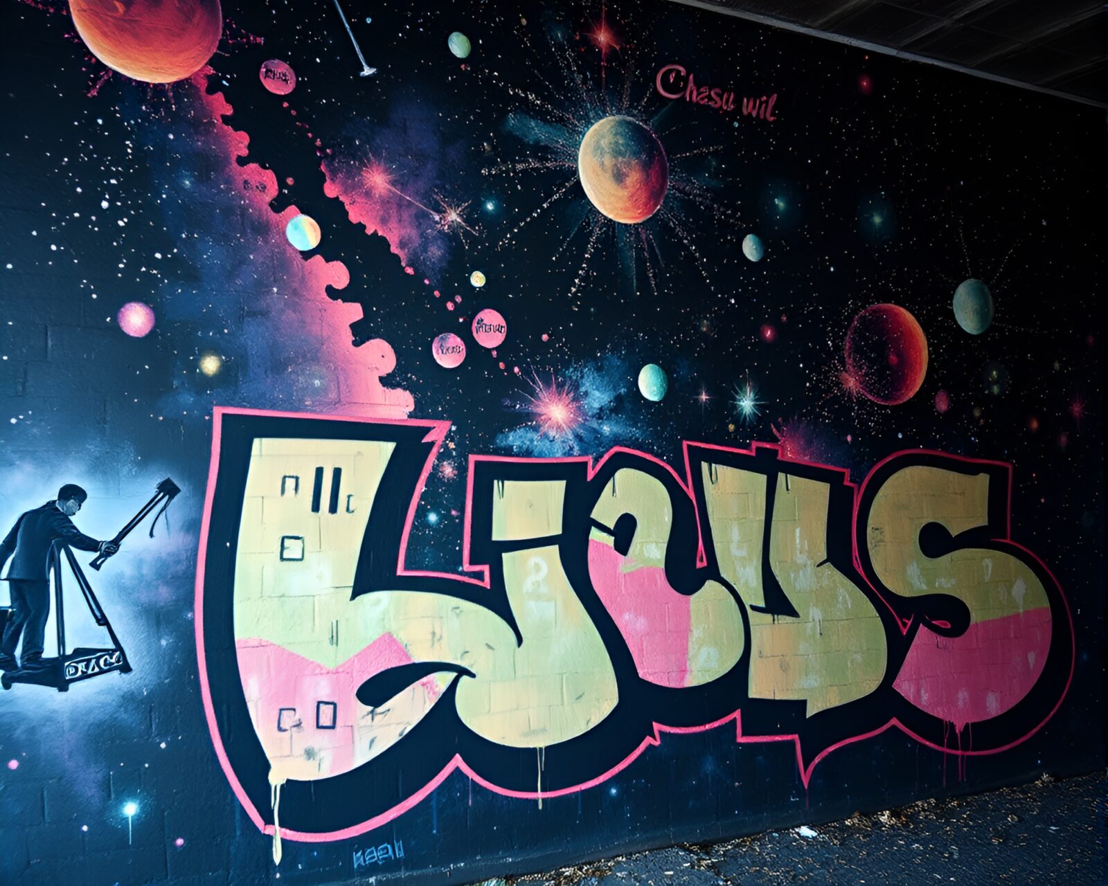 Abstract mural graffiti featuring parallel universe data visualization in dim lighting