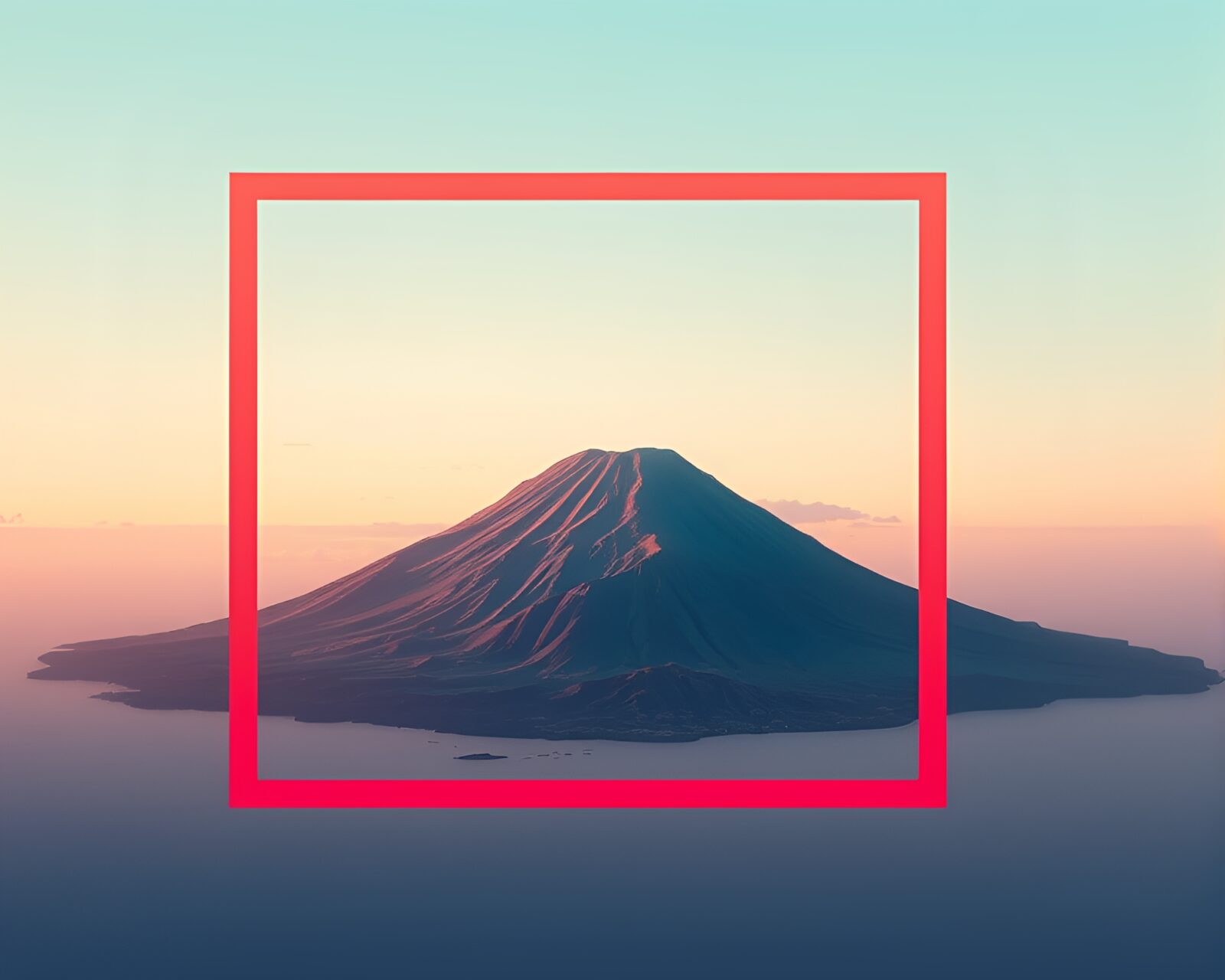 An otherworldly volcanic island surrounded by gentle pastel frames