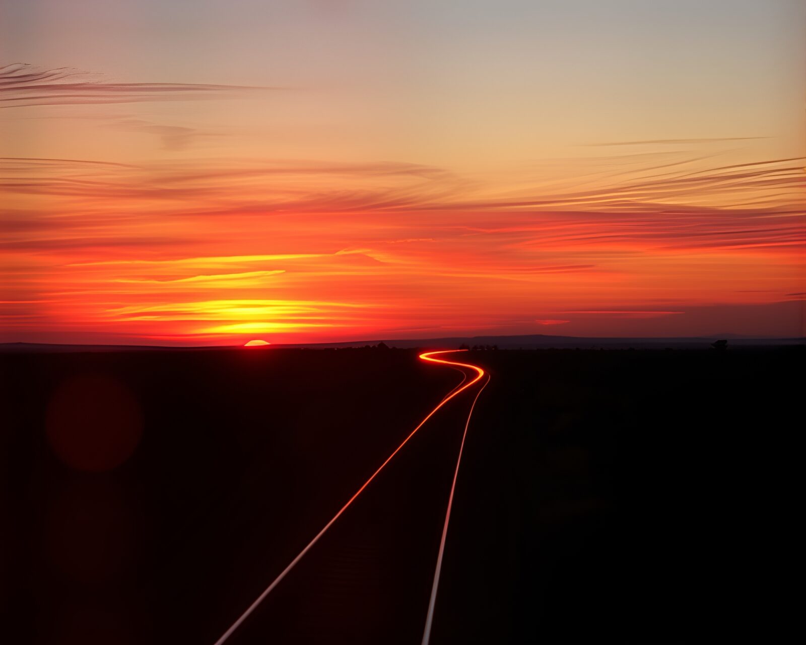 X-ray style image of a train light trails in savanna sunset with dust motes in the light