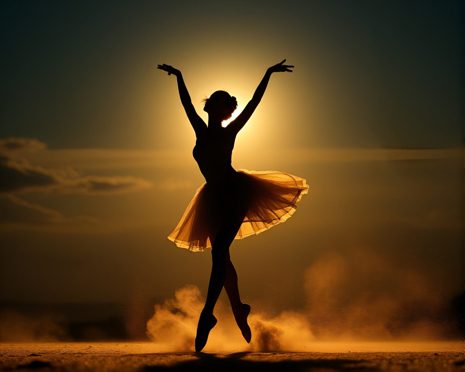 Graceful ballerina in backlight against starry sky with dust particles