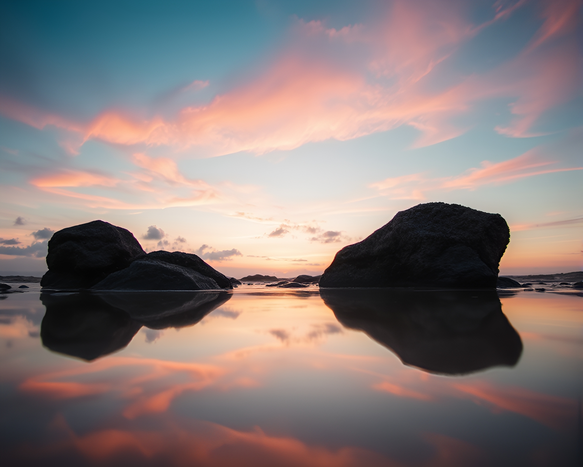 Double Reflections at Pink Sunrise Beach – free AI stock image