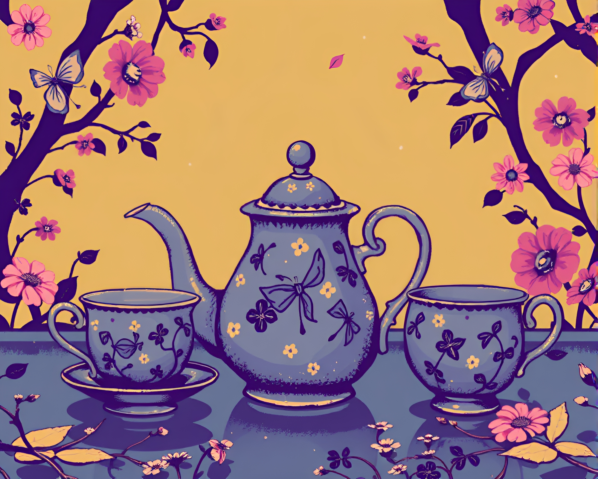 Alice in Wonderland Tea Set Pixels with Mildew Spots – free AI stock image
